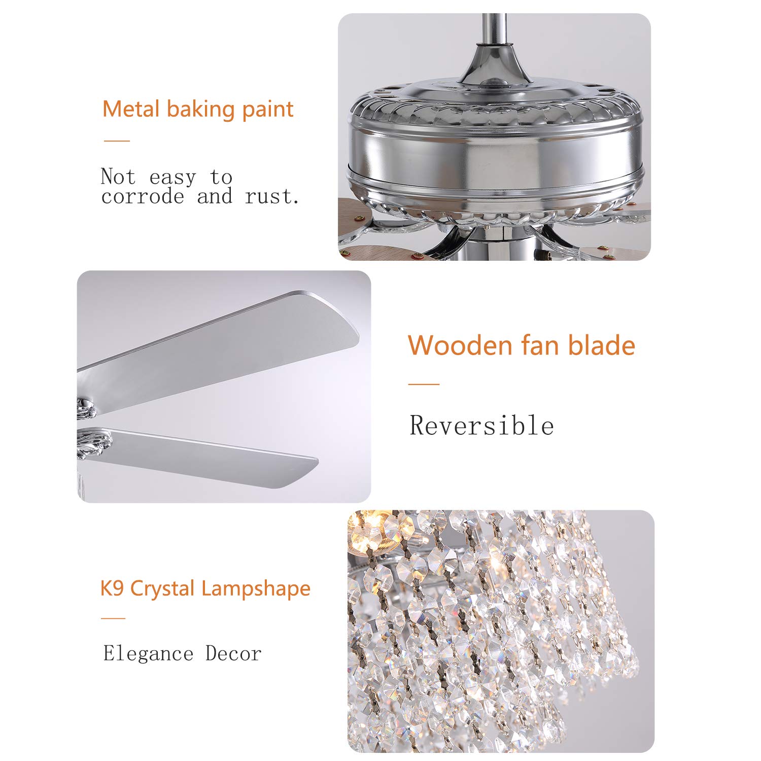 52 Inch Modern Reversible Ceiling Fan with Lights & Remote Control - Crystal Chandelier Fan for Bedroom, Dining Room & Living Room - Silver Finish - Energy Efficient LED Lighting for Home Decor & Air Circulation