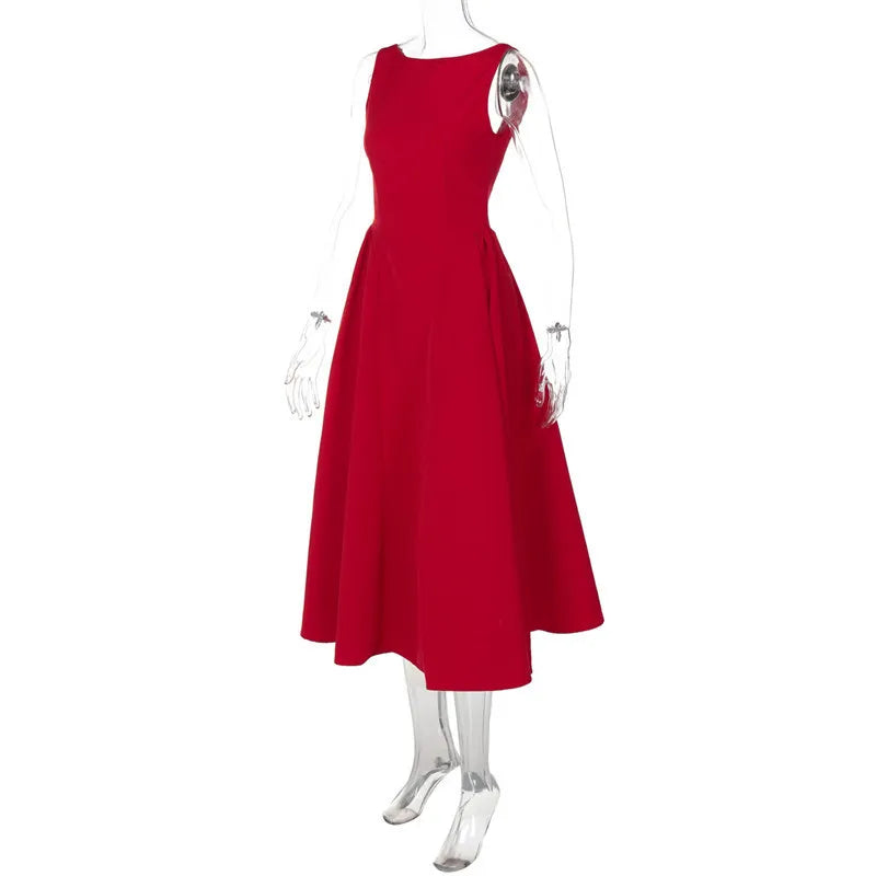 Elegant Backless A-Line Maxi Dress for Women - Solid Color O-Neck Sleeveless Long Gown with High Waist - Perfect for Beach Vacations, Summer Parties & Date Nights