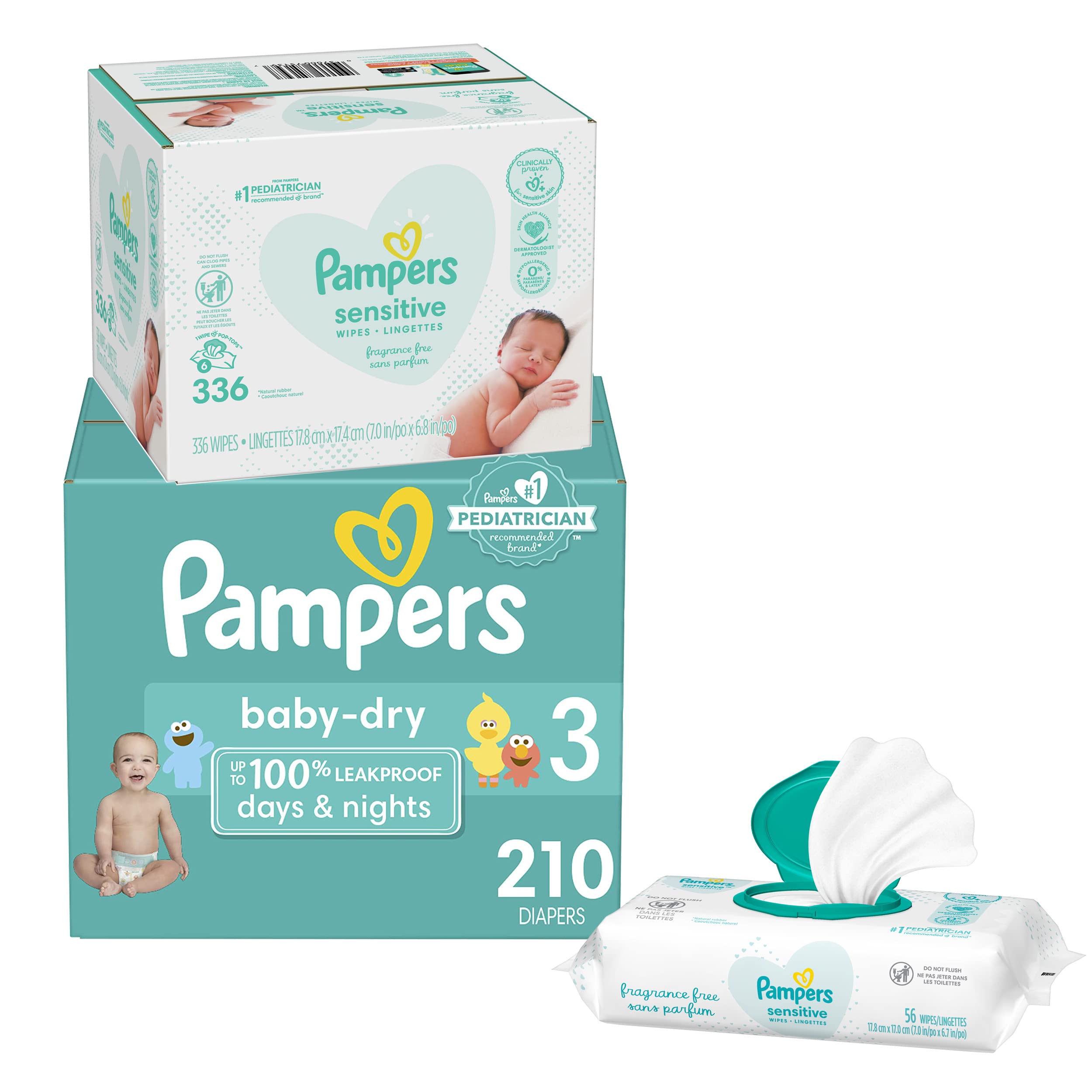 Pampers Baby Dry Disposable Diapers Size 3 (210 Count) & Sensitive Baby Wipes (336 Count) - One Month Supply for Newborns & Infants | Soft, Absorbent Protection for Day & Night Use | Ideal for Home, Travel & Daycare