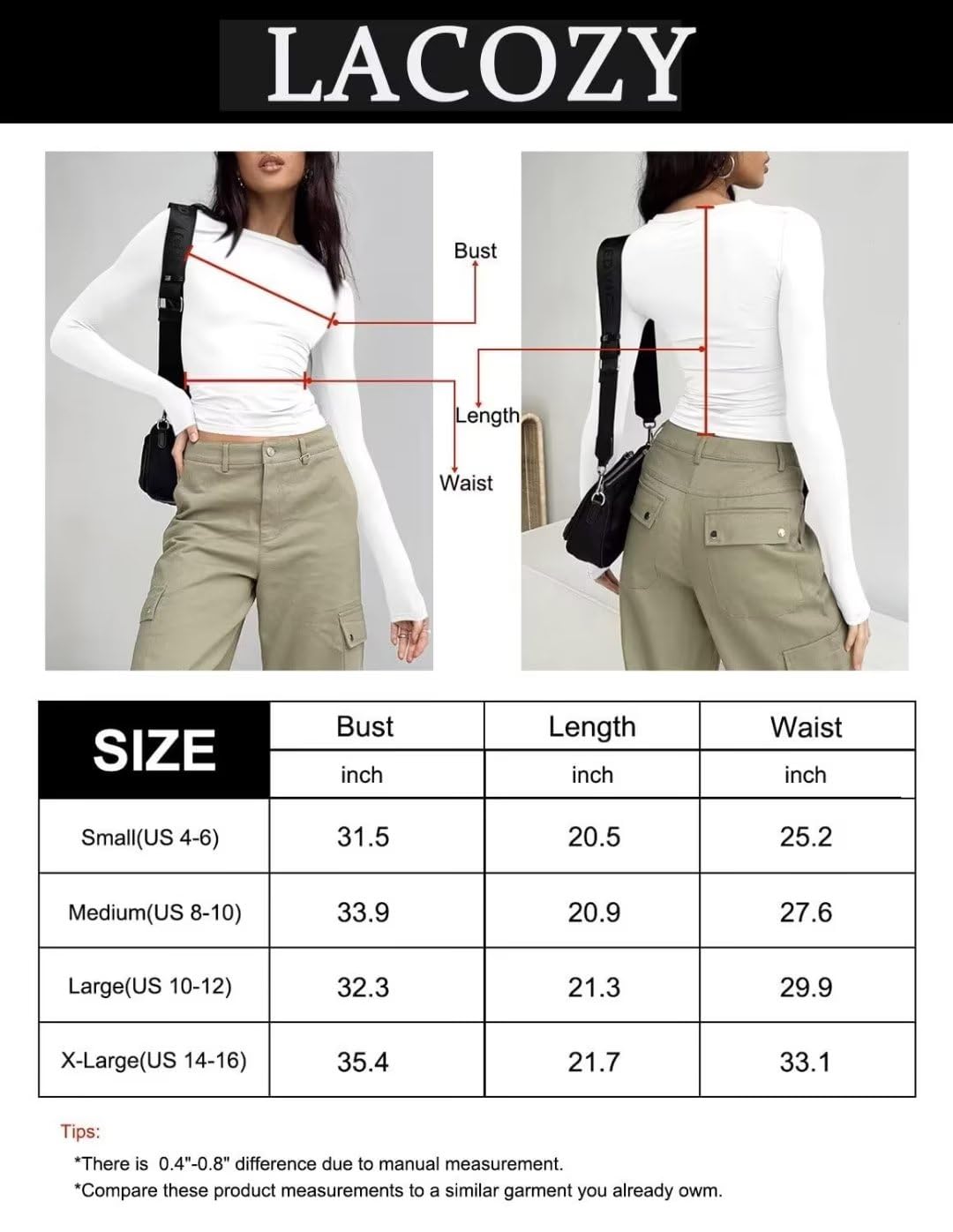 LACOZY Women's Slim Fit Crop Top - Casual Long Sleeve Tight Tee Shirt, Solid Color Crew Neck Streetwear for Going Out, Party, and Everyday Wear