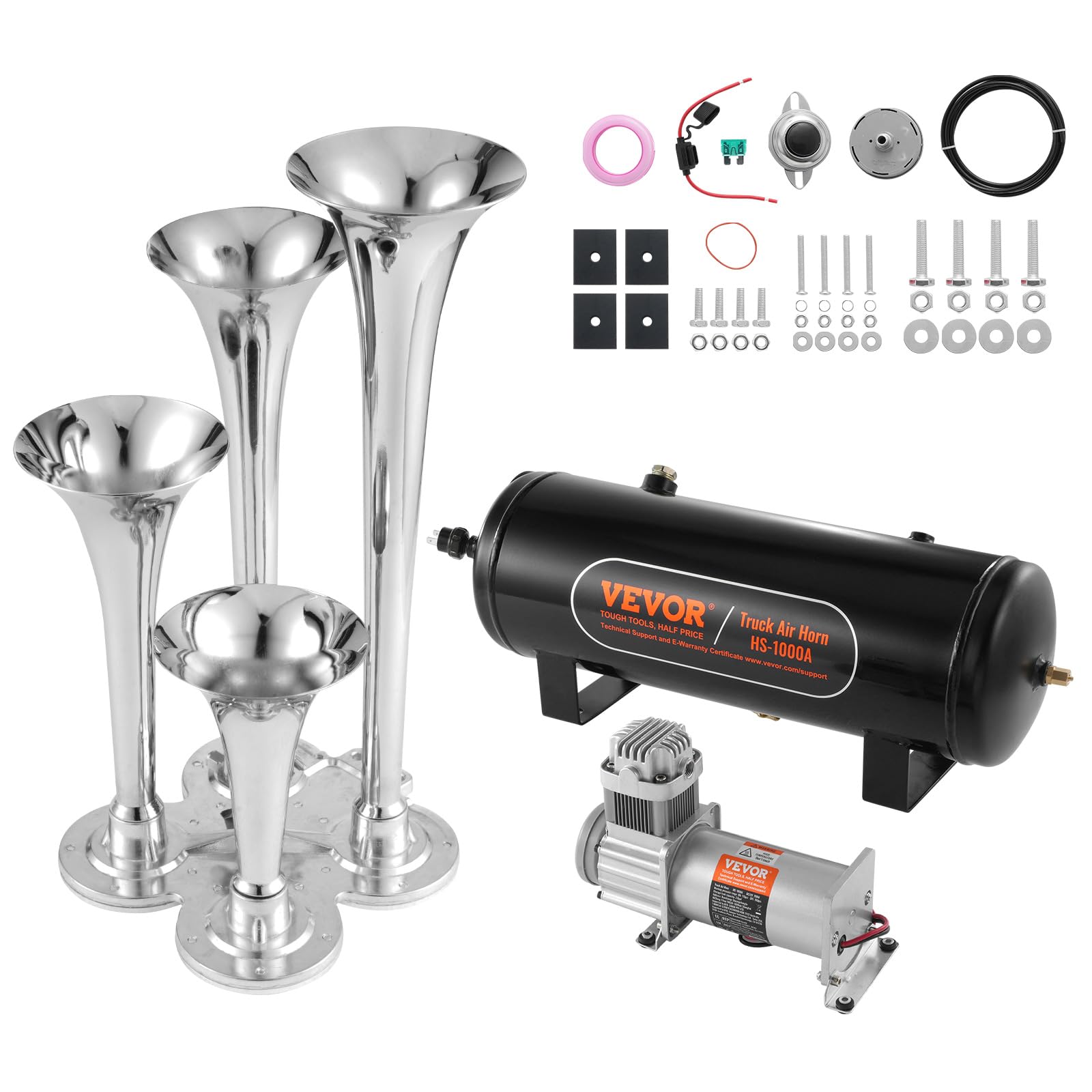 Best Auto Train Horns Kit for Trucks - 150dB Loud 12V Air Horn with 2.6 Gallon Tank & 4 Stainless Steel Trumpets (160PSI) - Complete Train Horn Kit for Cars, Trucks, SUVs (Black) - Perfect for Off-Roading, Emergency Vehicles & Custom Car Upgrades