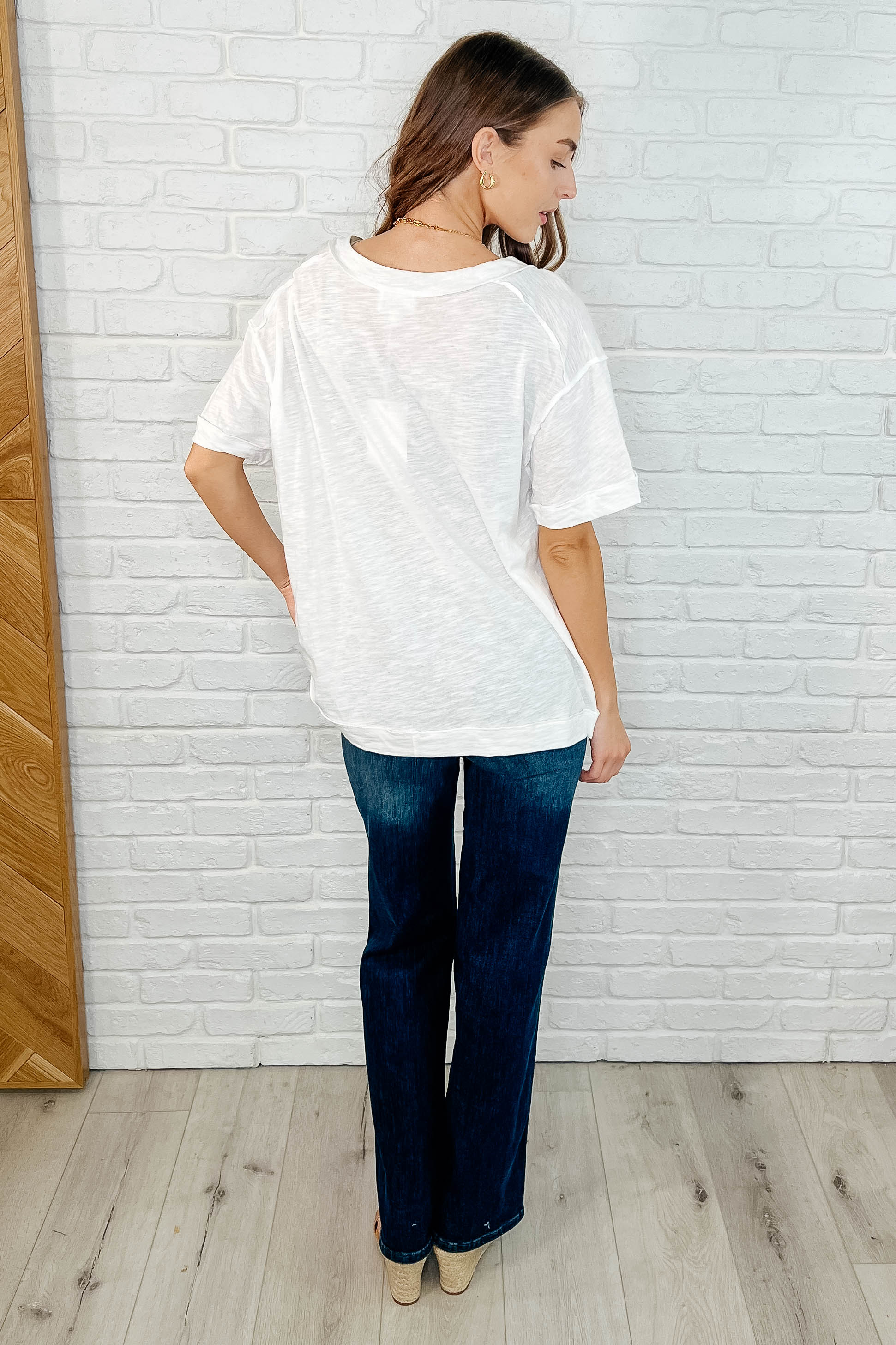 Basic Instinct Drop Shoulder V Neck Tee in Ivory | Women's Casual Loose Fit T-Shirt | Perfect for Everyday Wear, Weekend Outings & Layering