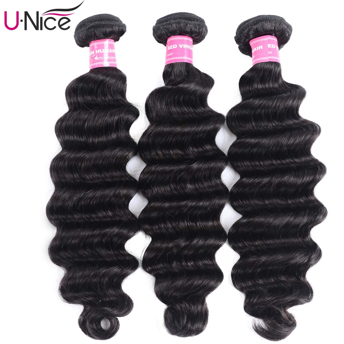 UNice Hair 10A Brazilian Loose Deep Wave Human Hair Extensions - 100% Virgin Unprocessed Wefted Hair 3 Bundles (12 14 16 Inch) - Natural Black Color for Stunning Hairstyles - Perfect for Daily Wear, Parties & Special Occasions