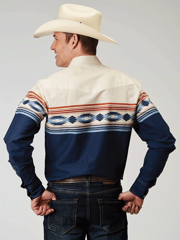 Roper Men's Aztec Border Print Long Sleeve Shirt - Blue Casual Button Up Shirt for Men | Western Style Work & Outdoor Wear