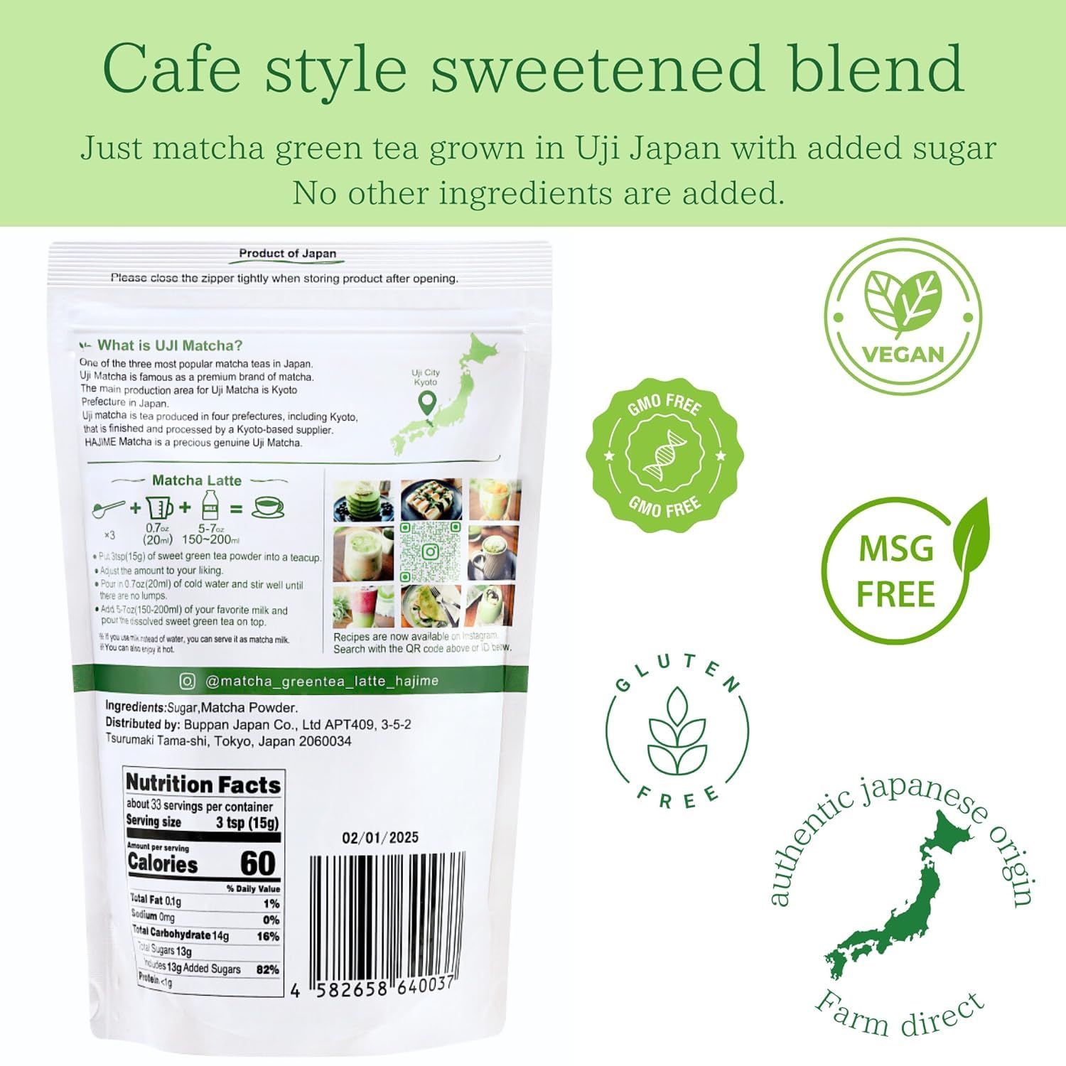 BJDesign Sweetened Matcha Green Tea Powder 'HAJIME' - Authentic Japanese Origin, Non-GMO, Vegan & Gluten Free (1.1lb) - Perfect for Lattes, Baking & Healthy Smoothies