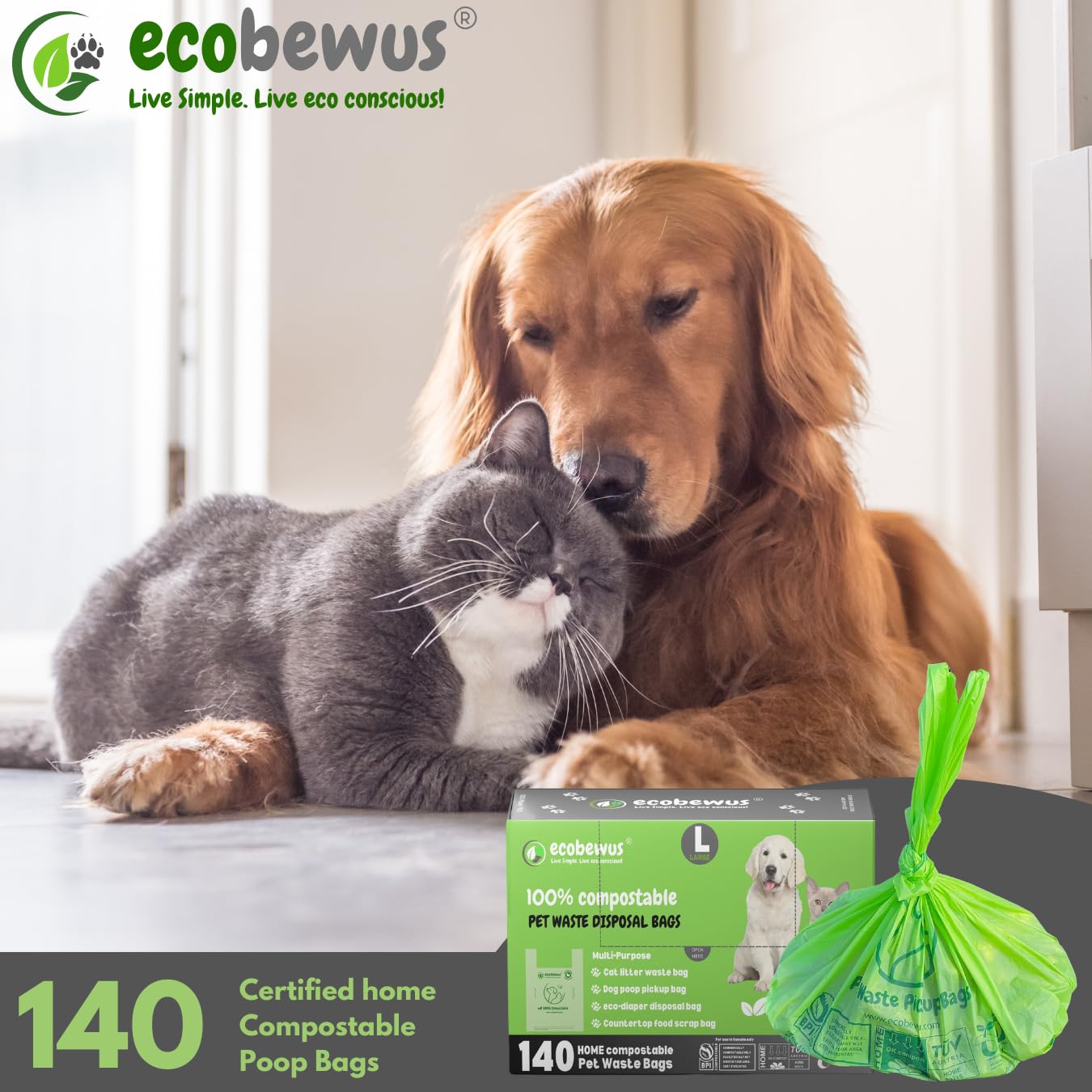 **Eco-Friendly 100% Compostable Pet Waste Bags (140 Count) – Plant-Based Biodegradable Dog Poop & Cat Litter Bags with Handles – Perfect for Dog Walks, Litter Boxes & Food Scrap Disposal**