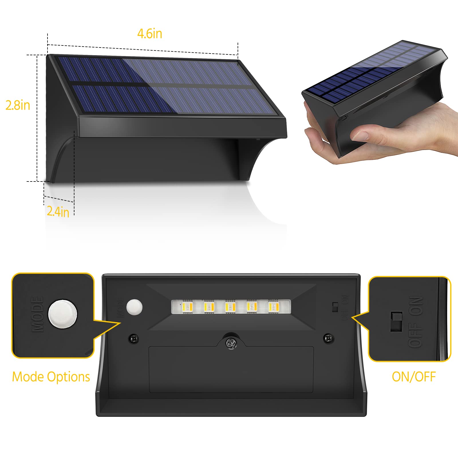 NIORSUN 6 Pack Solar Fence Lights Outdoor - Waterproof LED Wall Lights with 1500mAh Battery (Warm White/Cool White/RGB) - Easy Install Deck, Patio, Railing & Stair Lighting for Backyard, Garden & Pathway - Black