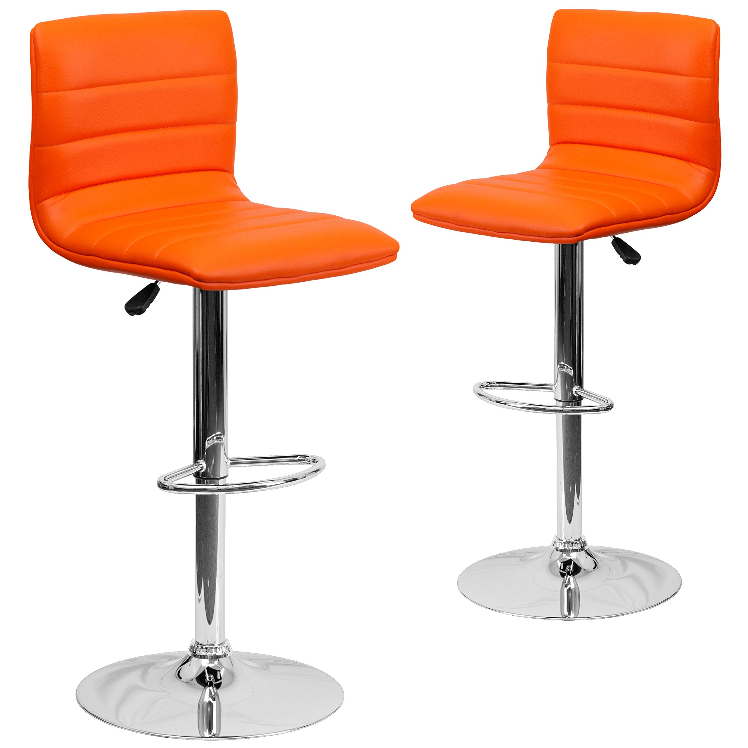 2 Pack Orange Vinyl Adjustable Height Bar Stools with Horizontal Stitch Back - Modern Kitchen Counter Stools for Dining Room, Breakfast Nook & Home Bar Decor