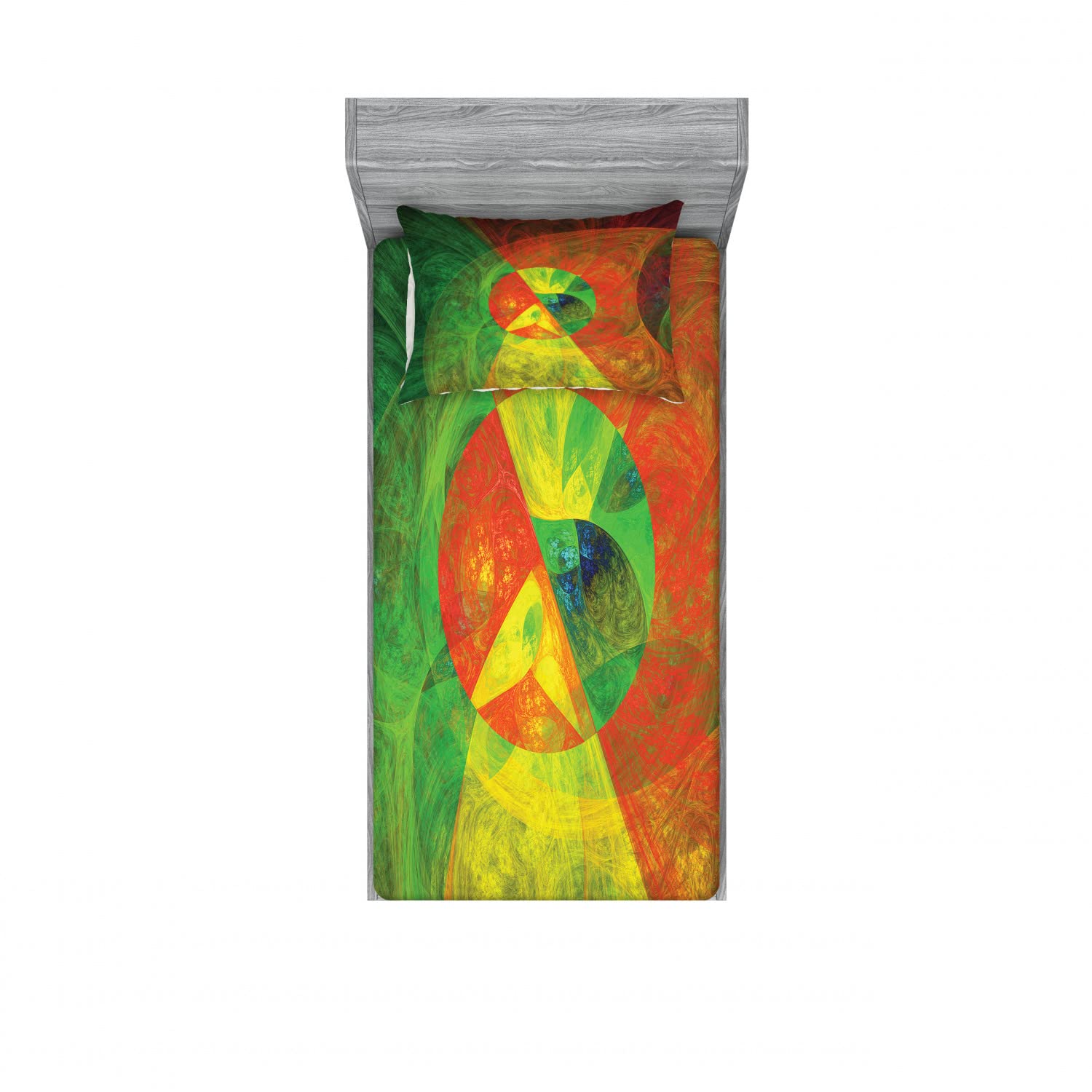Ambesonne Psychedelic 2-Piece Twin Bed Sheet Set with 2 Pillow Shams - Abstract Surreal Design in Green & Yellow - Soft Fitted Sheets & Decorative Pillow Covers for Kids Room, Dorm, Guest Bed or RV - 4 Piece Bedding Set