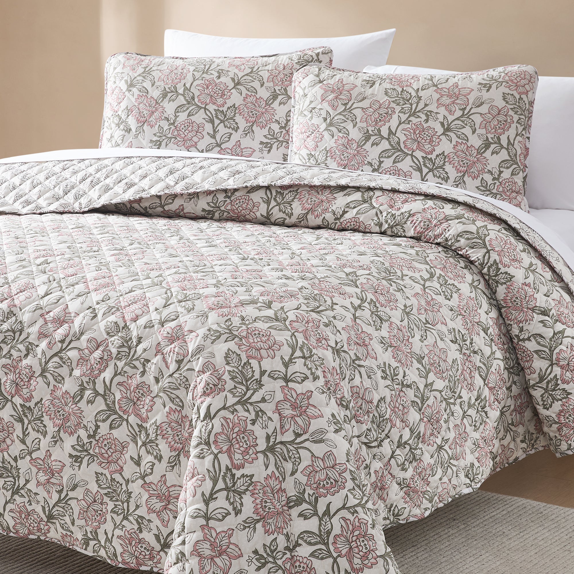 Zara Floral Block Reversible Quilt Set - King Size Bedding with Matching Pillow Shams, Soft Cotton Comforter Cover for Master Bedroom & Guest Room Decor