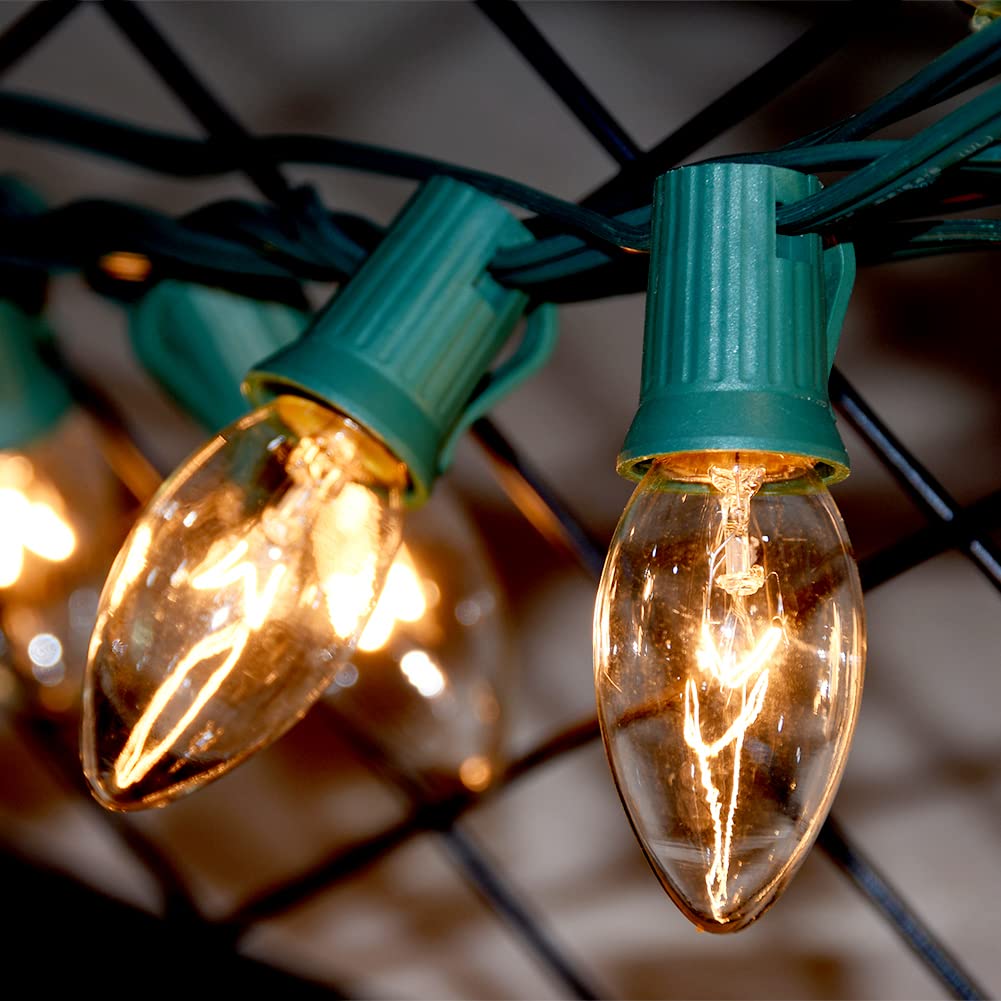 C9 Clear Christmas String Lights 25Ft - 26 Bulbs Outdoor Hanging Lights for Roofline, Patio & Yard Decor - 7 Watt E17 Intermediate Base Green Wire - Perfect for Holiday, Wedding & Party Lighting