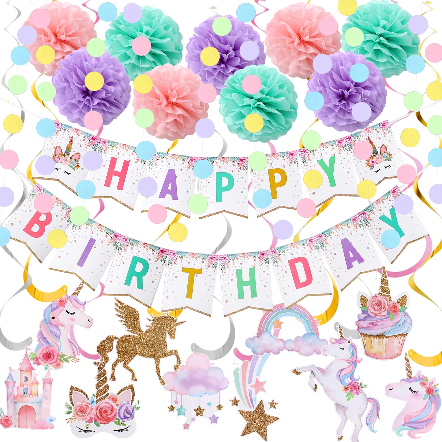 Magical Unicorn Birthday Party Decorations Set - 9pcs Tissue Paper Pom Poms, 10pcs Hanging Swirls, Macaron Garland & Happy Birthday Banner - Perfect for Girls' Birthday Parties, Baby Showers & Unicorn Themed Events