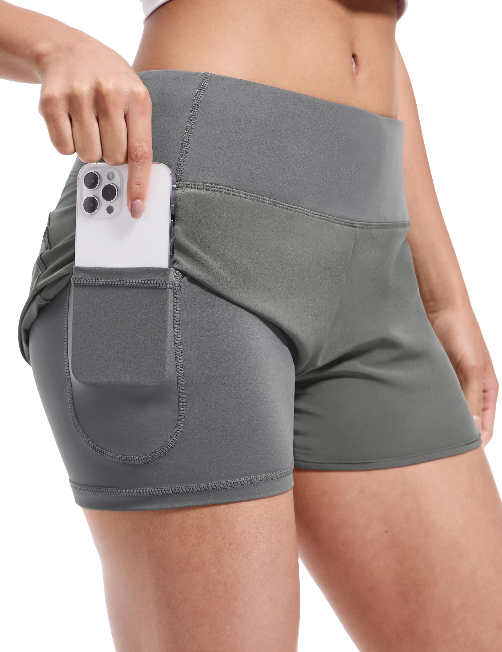 MIER Women's 2-in-1 Running Shorts - High Waisted Athletic Workout Shorts with Liner & Zipper Pocket - 3