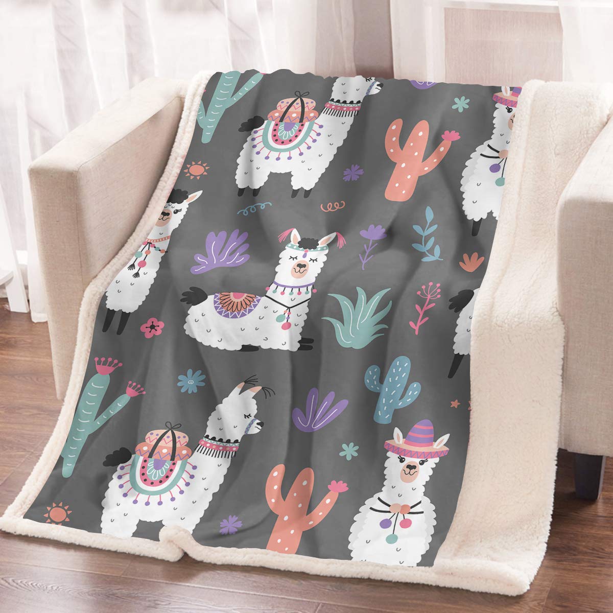 **ARIGHTEX Soft Fleece Cartoon Llama Alpaca Throw Blanket - Twin Size 60