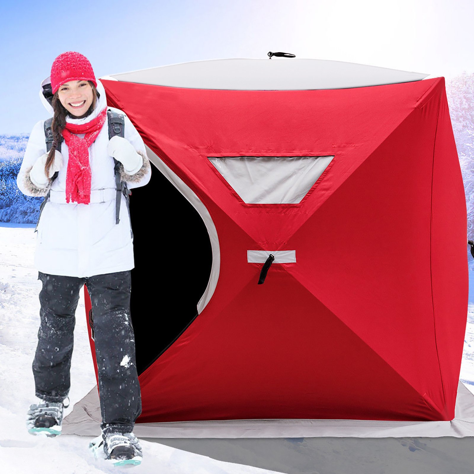 2/3/4/8 Person Ice Fishing Shelter Tent - 300D Oxford Fabric Portable Ice Fishing Shelter - Waterproof & Windproof for Winter Fishing - Perfect for Ice Fishing, Camping, and Outdoor Adventures (Red, 3-Person)