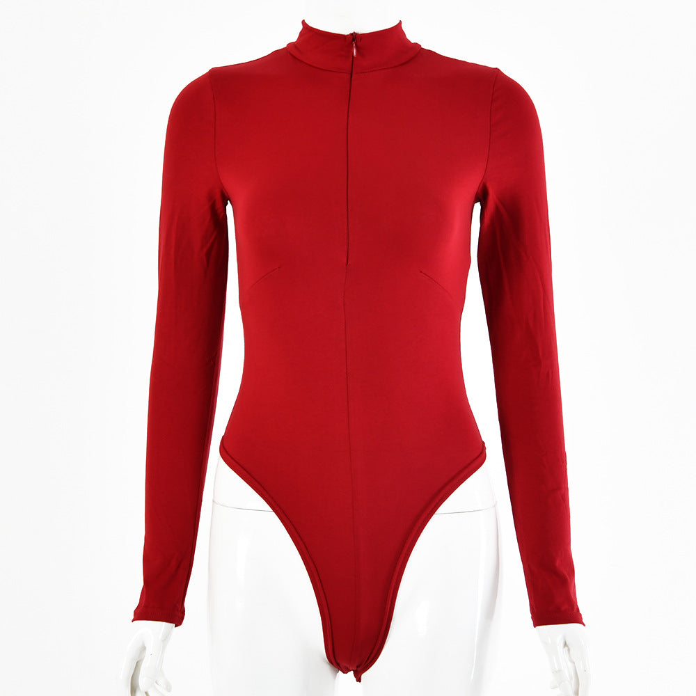 2025 Hot Selling Women's Sexy Solid Color Cotton Long Sleeve Zipper Onesie - Autumn Winter Tight Round Neck Jumpsuit for Party, Club & Date Night Outfits