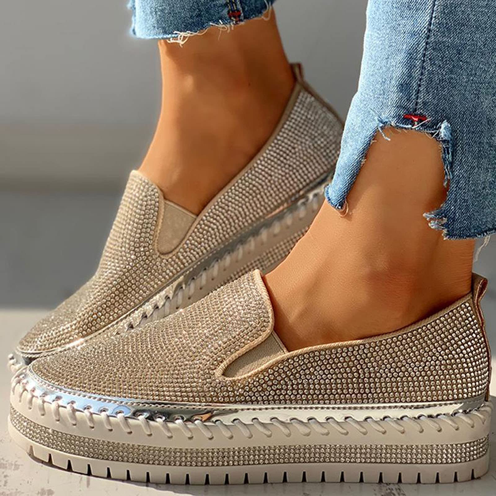 Women's Rhinestone Slip-On Sneakers - Round Toe Low Cut Platform Shoes with Thick Sole for Walking, Skating & Casual Wear | Comfortable Slip-On Flats for Everyday Fashion