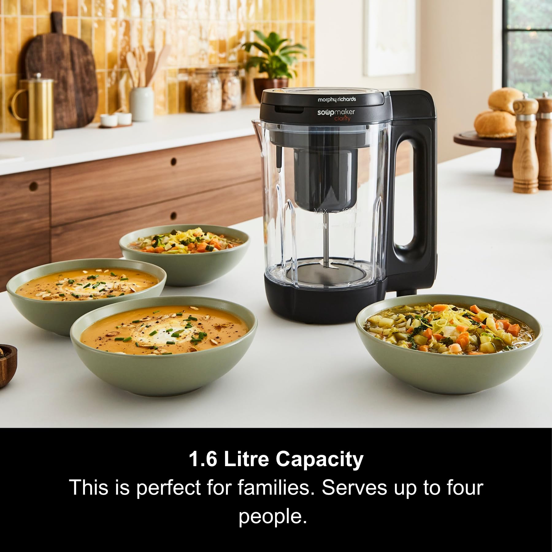 Morphy Richards 1.6L Clarity Soup Maker with Portion Control - 9 Smart Settings & Keep Warm Function for Soups & Smoothies (White & Black, Model 501050) - Perfect for Healthy Meal Prep & Quick Blending at Home