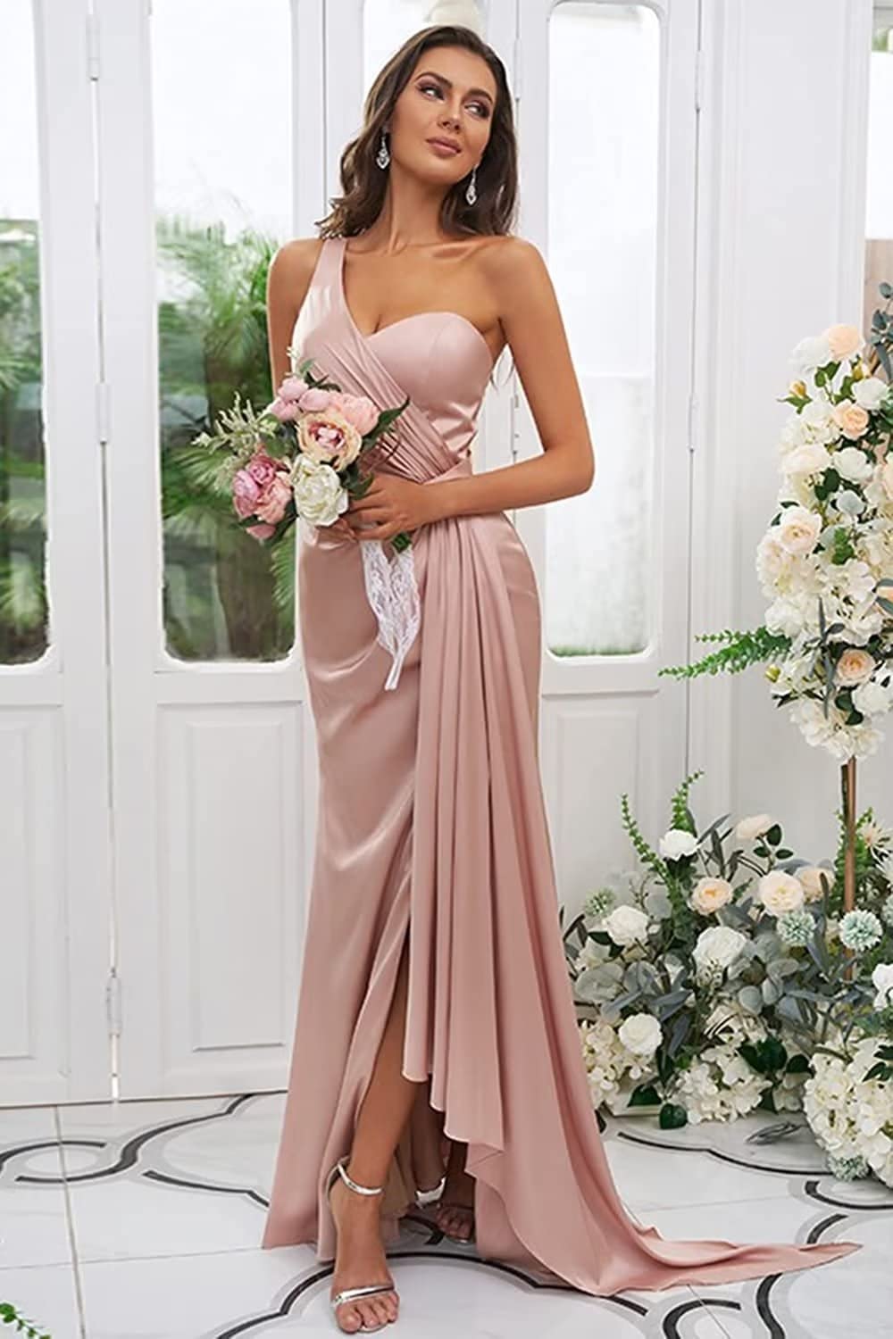 TORYEMY Women's One Shoulder Long Bridesmaid Dress with High Slit - Elegant Satin Pleated Formal Evening Gown for Weddings, Prom & Special Occasions