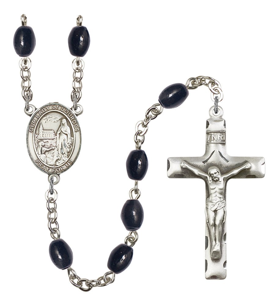 8x6mm Black Onyx Beads Silver Rosary with 1.75x1 Inch Crucifix & Lourdes Medal - Perfect for Prayer, Meditation, and Religious Gifts