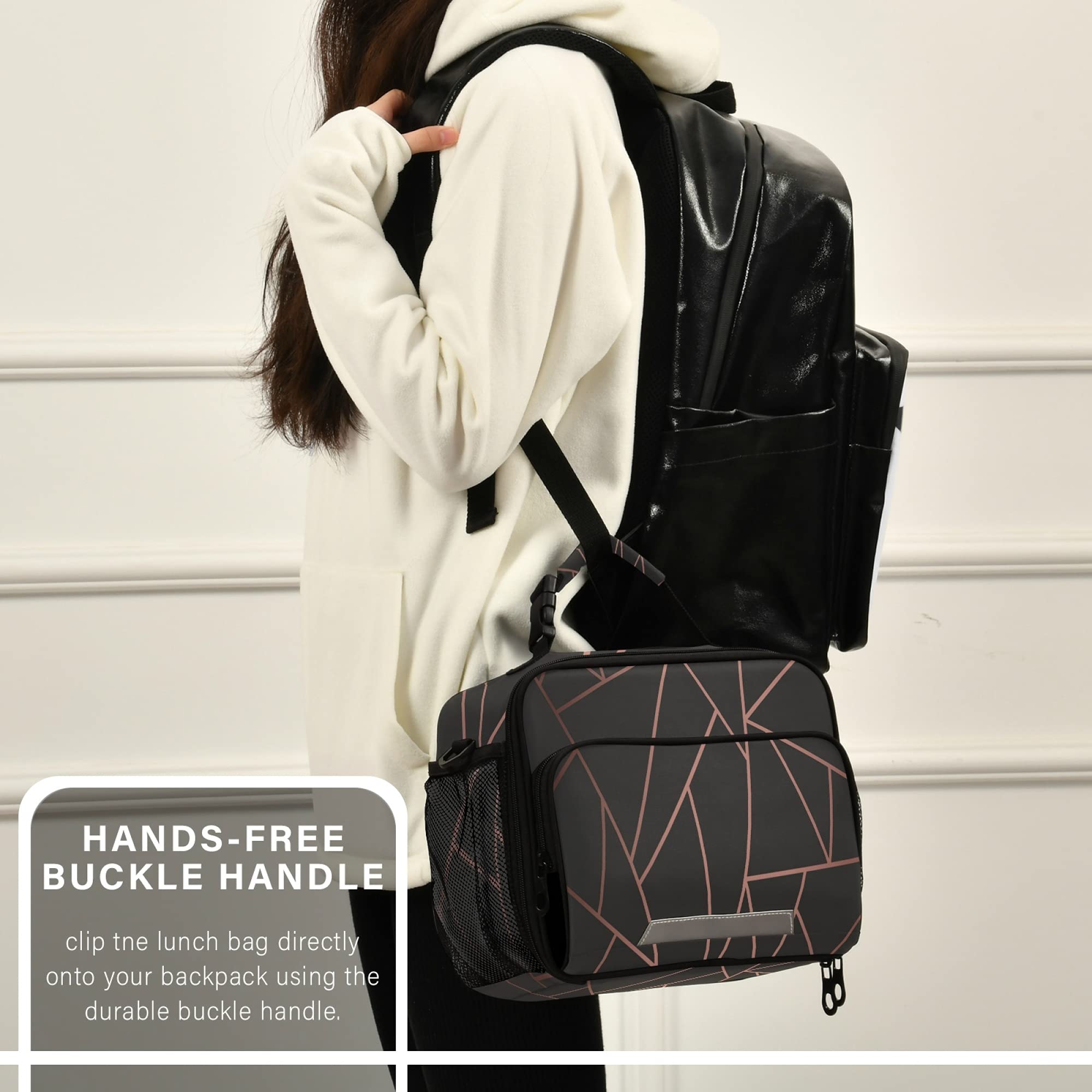 **Black Rose Marble Insulated Lunch Box for Girls & Teens – Geometric Design School Lunch Bag with Ice Pack, Fits Bento Boxes & External Bottle Holder – Perfect for School, Work, Picnics & Travel**