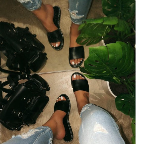 Blair Rhinestone Trim Slides for Women - Black Glitter Sandals for Summer, Beach, and Casual Outfits