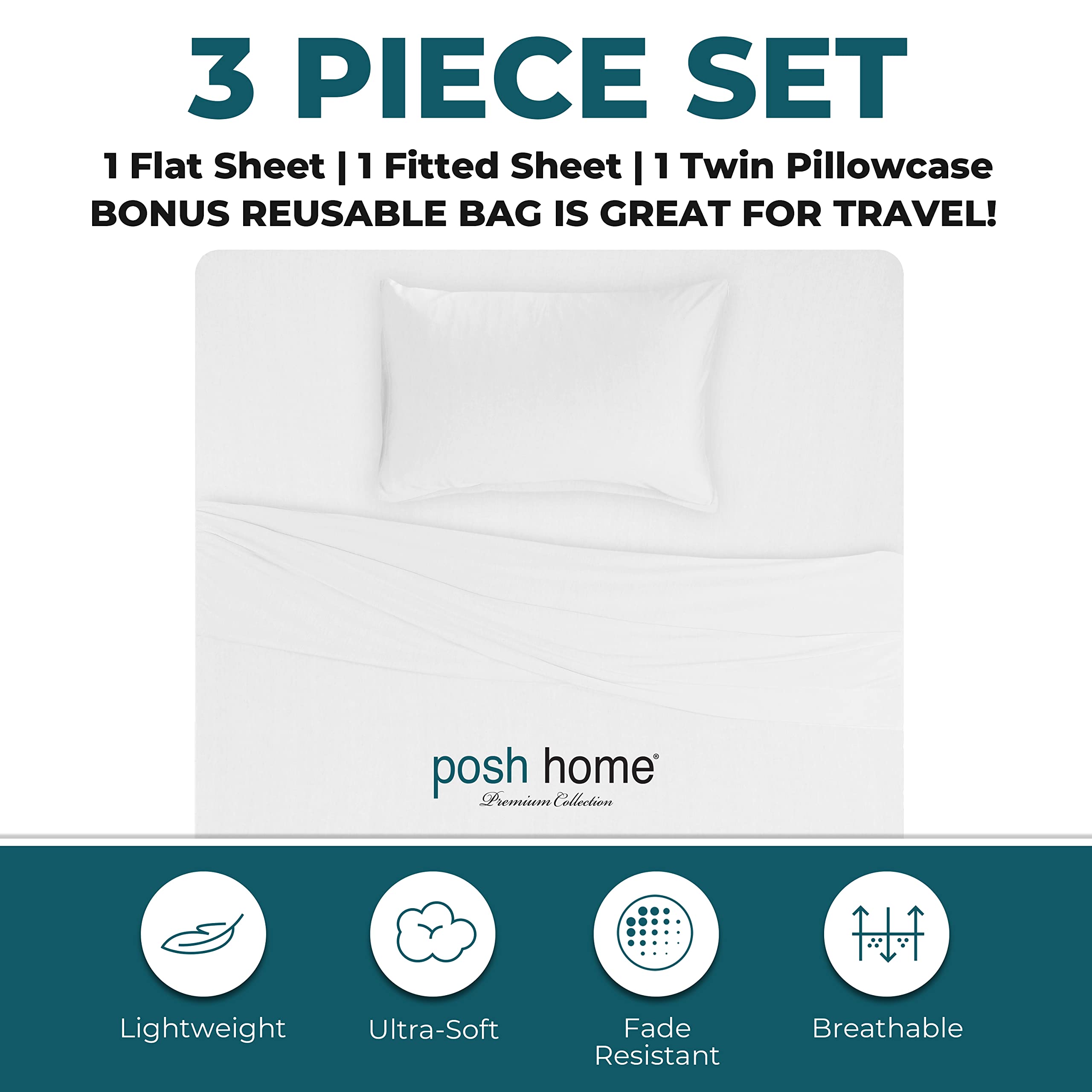 Posh Home Jersey Knit Sheet Set - 3-Piece Soft & Breathable Cotton Jersey Bed Sheets for Twin Size - Includes Flat Sheet, Fitted Sheet & Pillowcase - Perfect for Cozy Nights, Guest Rooms & Dorm Essentials - White