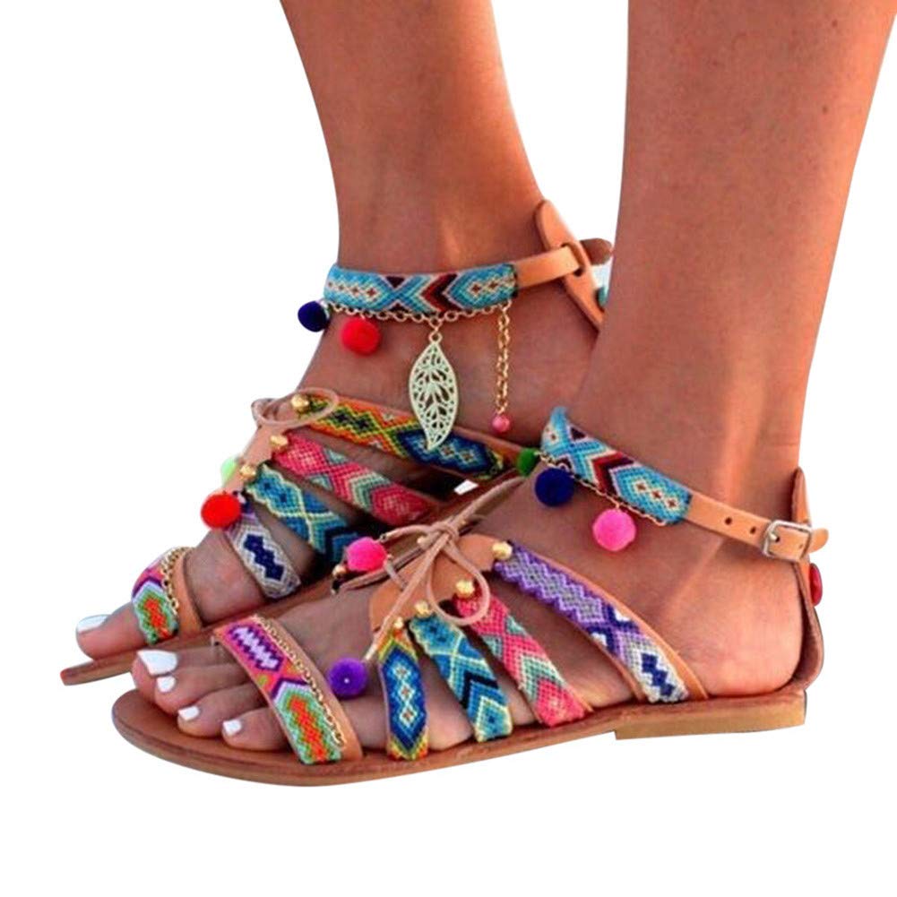 Women's Boho Beaded Platform Sandals - Casual Summer Flat Shoes for Beach, Walking & Outdoor Activities | Comfortable & Stylish Cross Strap Design