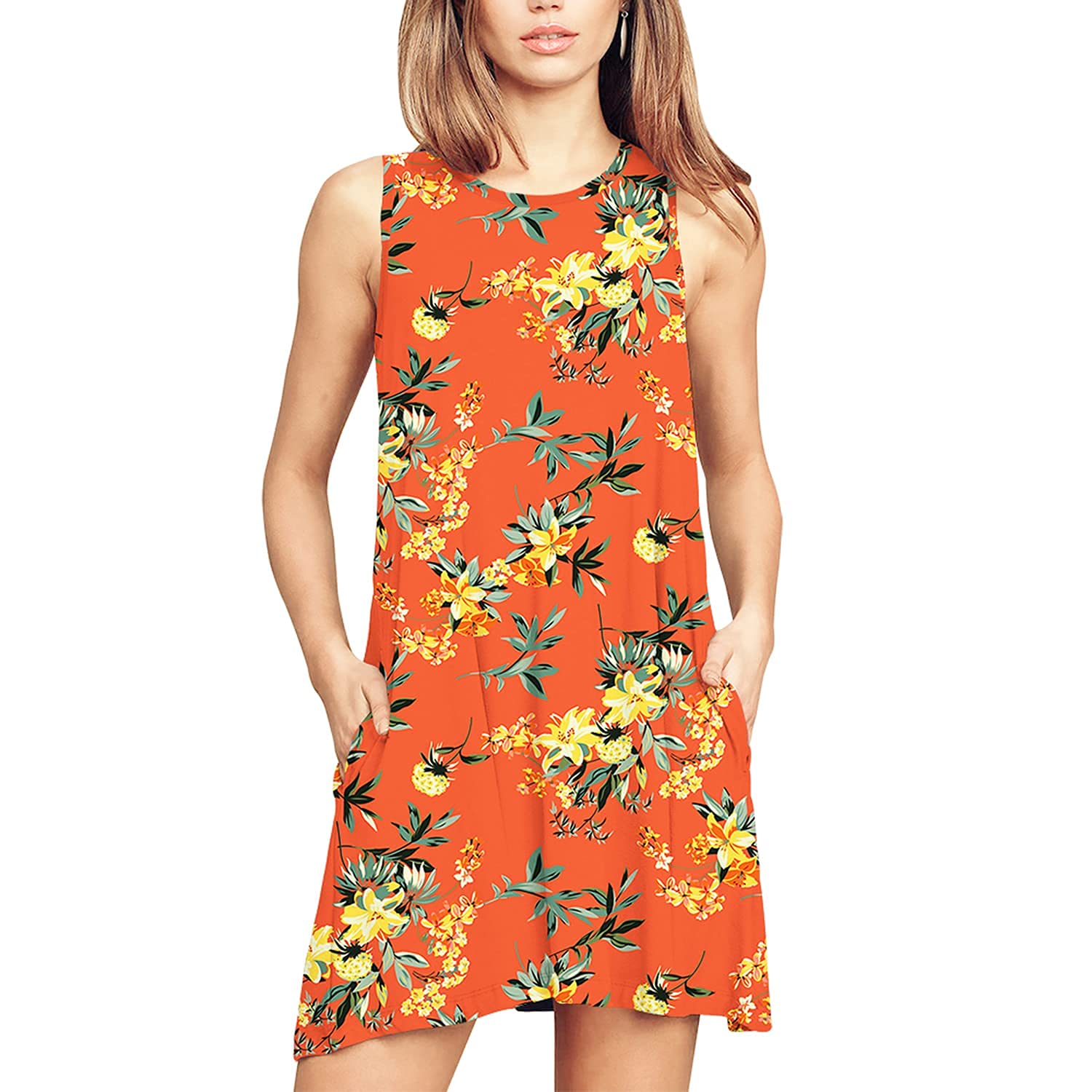 Women's Floral Summer Short Dress - Round Neck Sleeveless Tank Sundress with Pockets | Casual Beach Wear, Vacation Outfit & Summer Party Dress