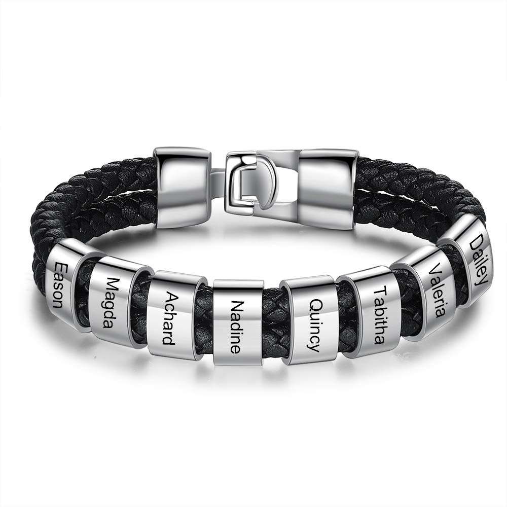 Custom Personalized Men's Leather Bracelet - Black Braided Name ID Bracelet with 1-8 Engraved Beads | Stylish Gift for Boyfriend, Husband, Father | Perfect for Weddings, Anniversaries & Everyday Wear