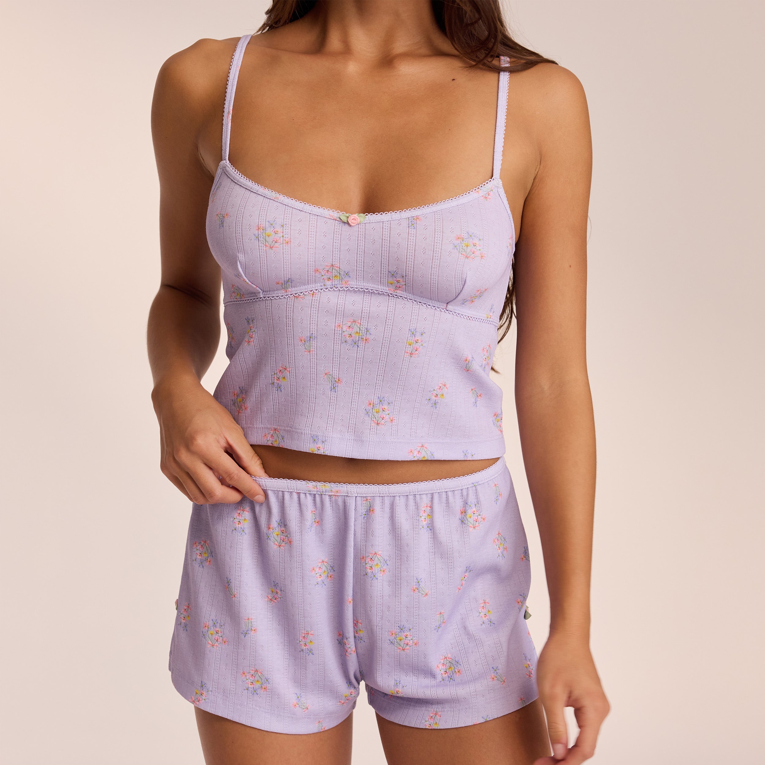 Pointelle Cami Sleepwear Top - Lilac Floral Lace Trim Pajama Shirt for Women | Soft & Breathable Nightwear for Lounge, Travel & Relaxation