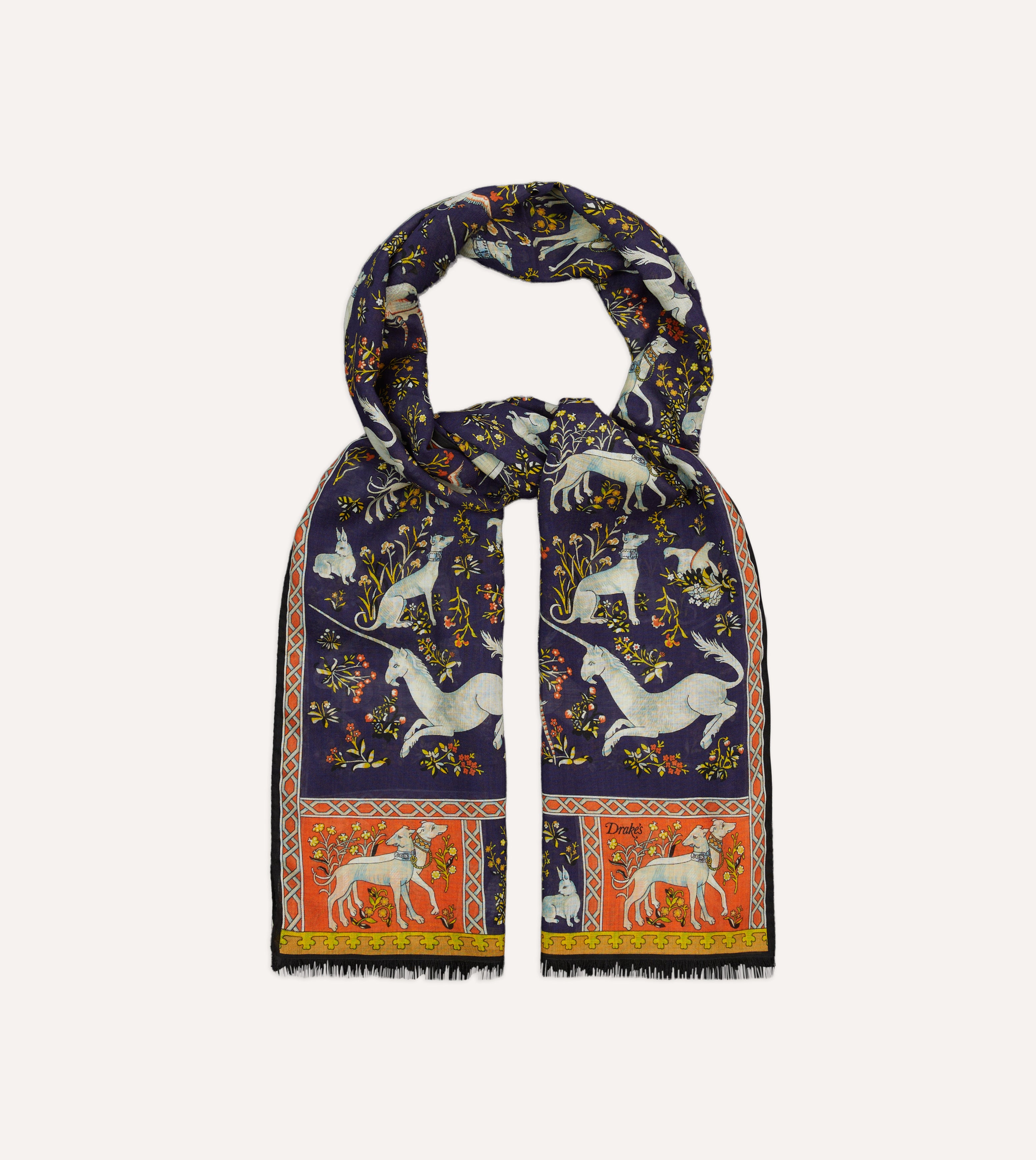 Navy Blue Unicorn Pattern Wool Silk Scarf for Women - Elegant Winter Fashion Accessory for Office, Party & Gift Giving