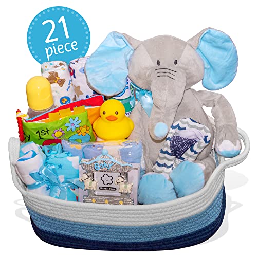Nikki’s Premium Baby Boy Gift Basket – 21-Piece Newborn Essentials Set | Blue Deluxe Baby Shower Gift for Expecting Moms | Perfect for Hospital Welcome, Baby Registry & First Birthday Presents
