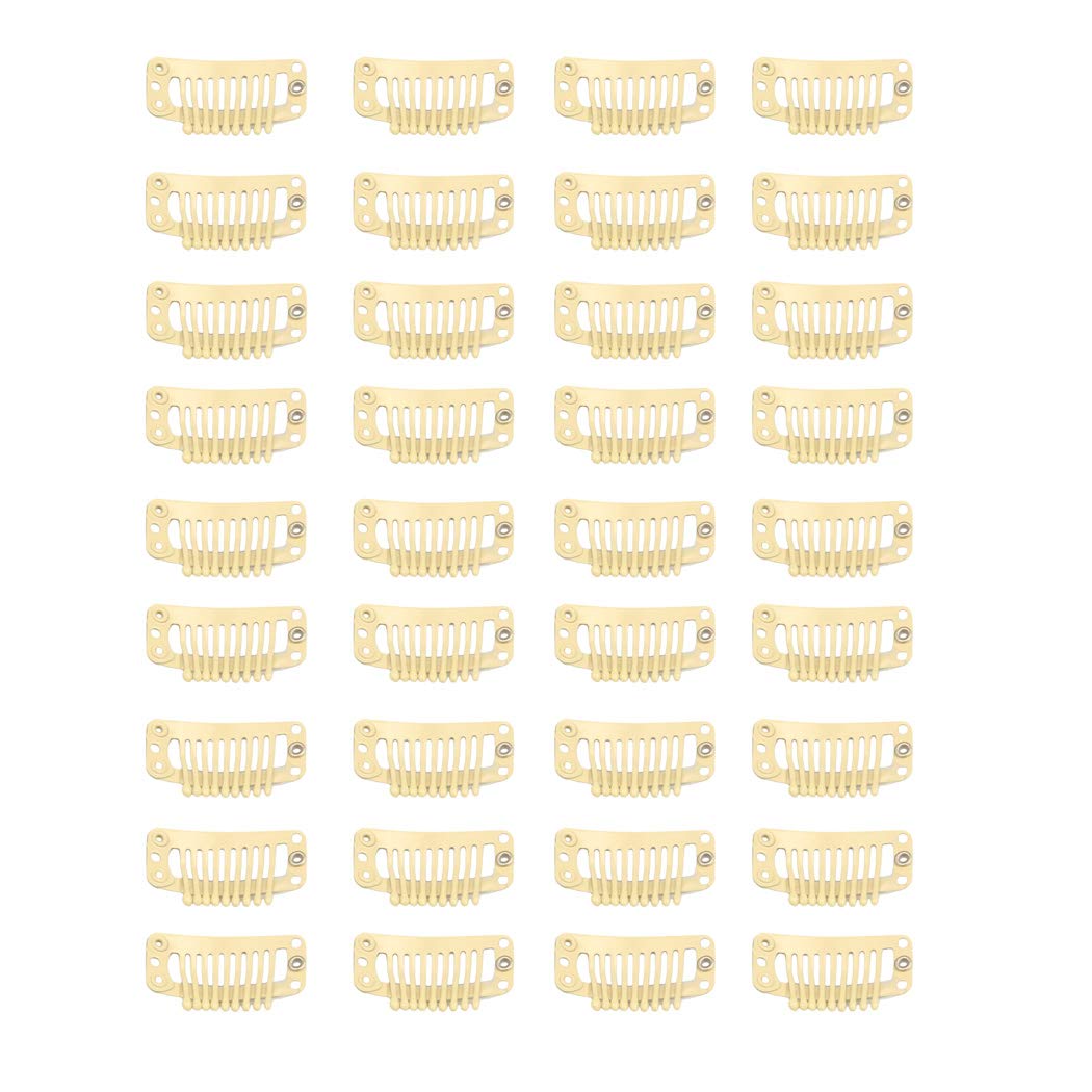 30pcs 9 Teeth Stainless Steel Snap Comb Wig Clips for Hair Extensions & Wigs - Includes 30 Assorted Sewing Needles & 2 Rolls Thread (Beige) - Perfect for Securing Hairpieces, Weaves & Cosplay Wigs