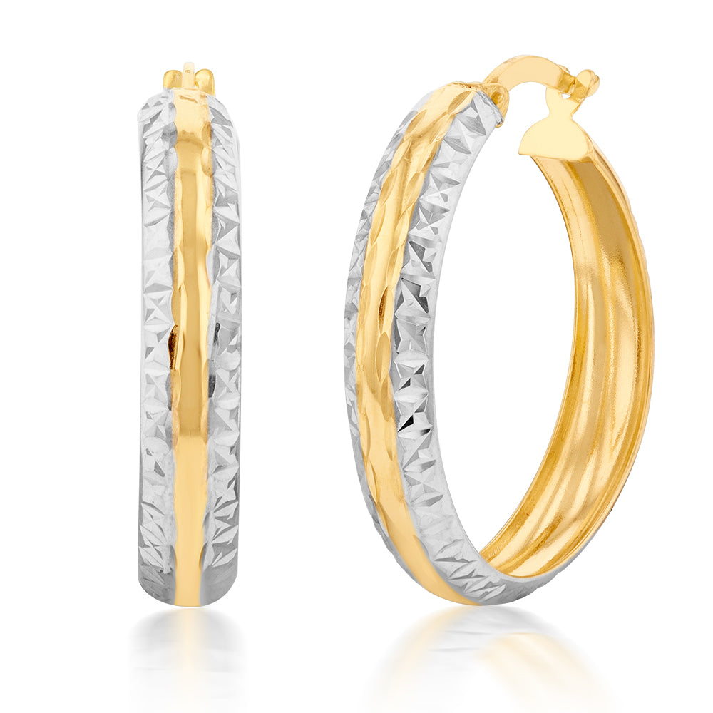 9ct Yellow and White Gold Silver-Filled Diamond Cut 25mm Hoop Earrings for Women - Elegant Everyday Jewelry for Parties, Weddings & Gifting