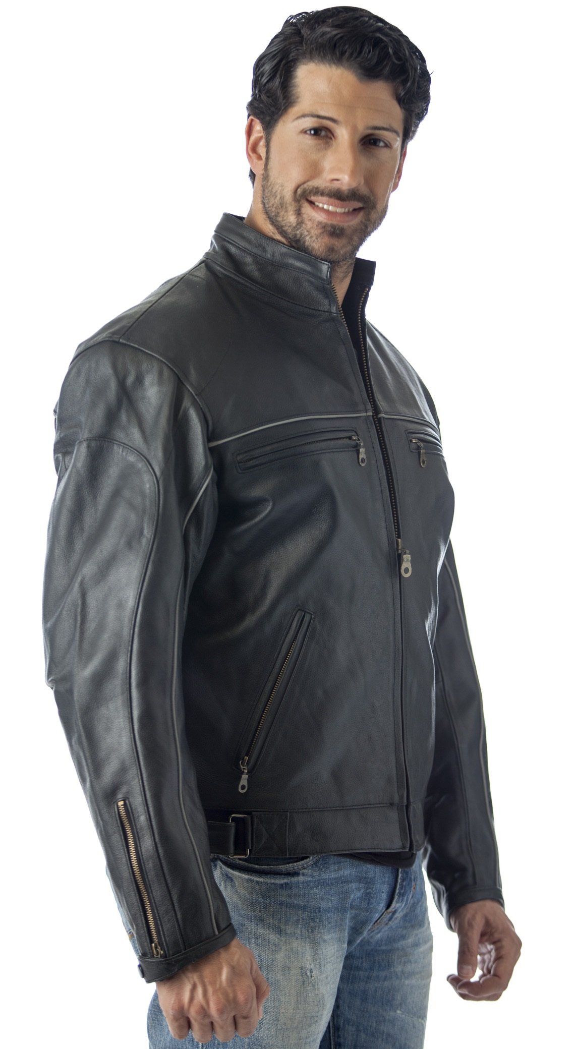 REED Men's Vented Leather Motorcycle Jacket with Light Reflector - Breathable Biker Jacket for Riding, Cruising & Night Safety