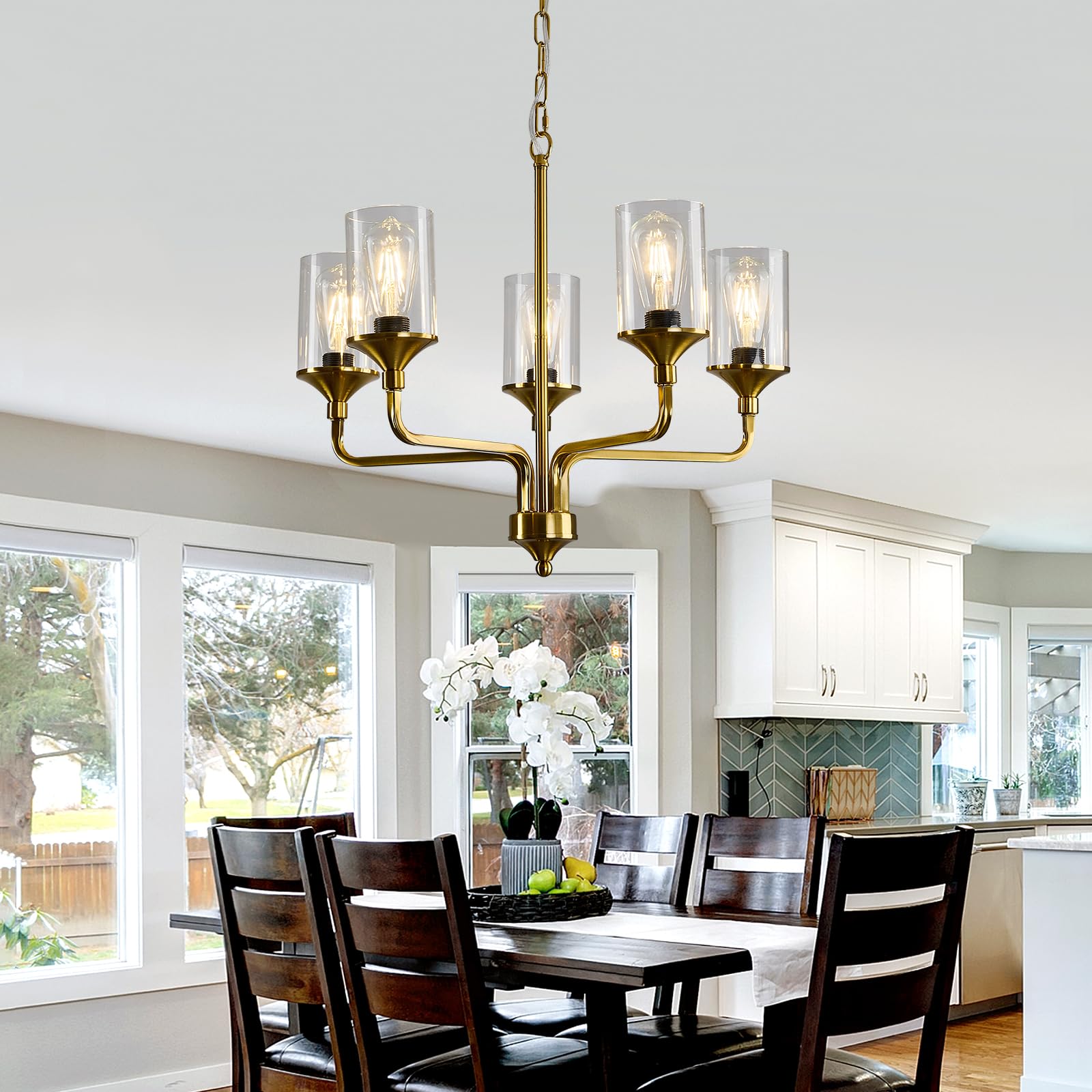 Gold 5-Lights Glass Chandelier - Rustic Metal Pendant Ceiling Light Fixture for Farmhouse, Kitchen, Living Room, Foyer & Dining Room | Elegant Lighting for Home Decor & Special Occasions