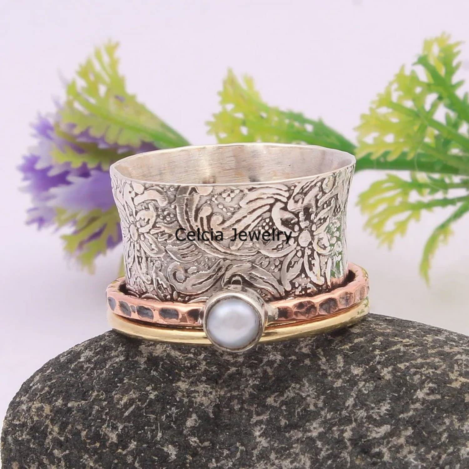 Natural Pearl Gemstone Silver Spinner Ring for Stress Relief & Meditation | Adjustable Three-Tone Spinning Ring with June Birthstone | Perfect for Yoga, Mindfulness & Fashion Statement (Size 7)