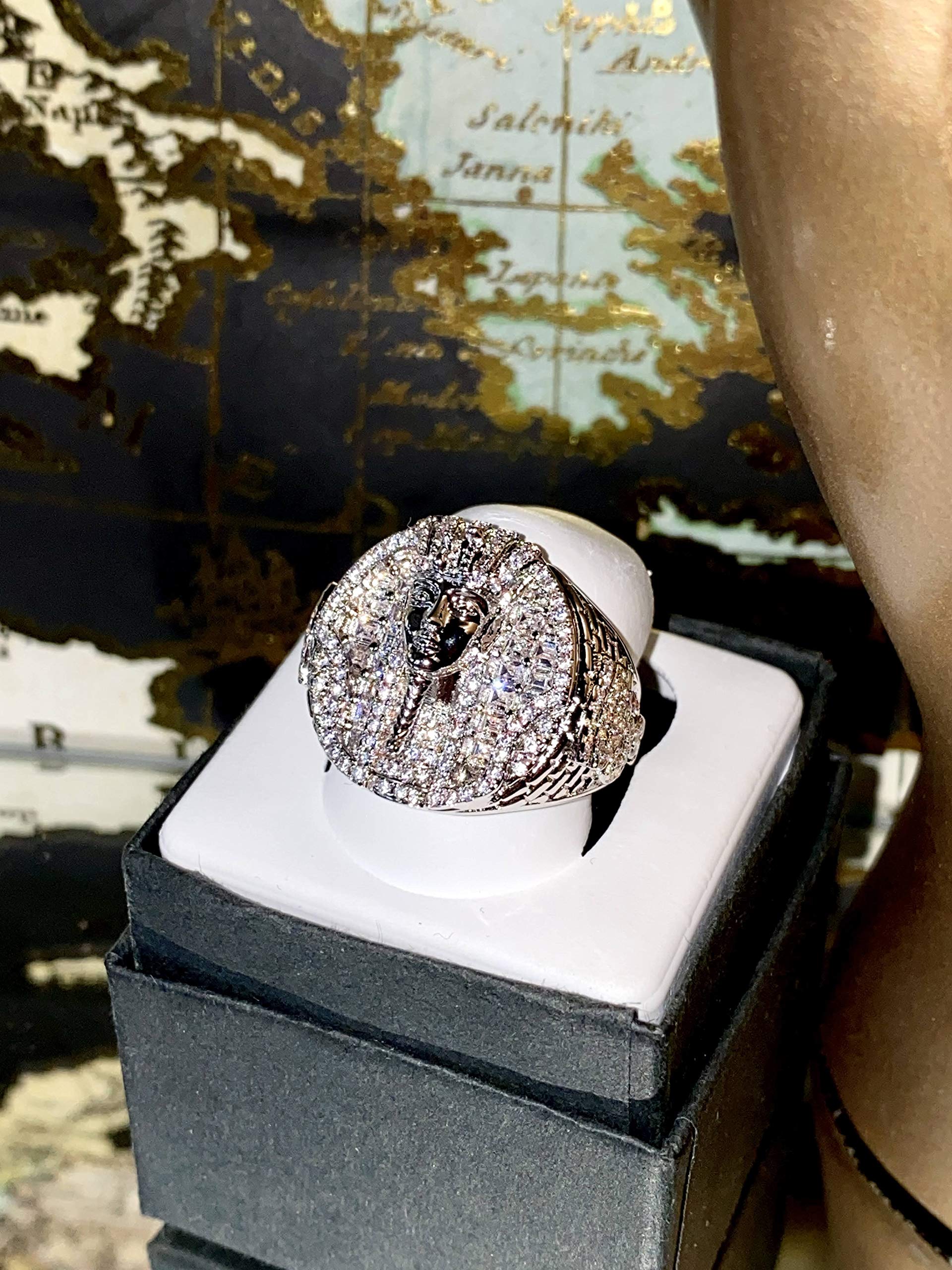 Egyptian Pharaoh Pinky Rhodium Plated CZ Iced Out Ring for Men - Hip Hop Jewelry, Wedding Band, Promise Ring, Engagement Ring (Sizes 6-10) | Perfect Gift for Birthday, Anniversary & Special Occasions