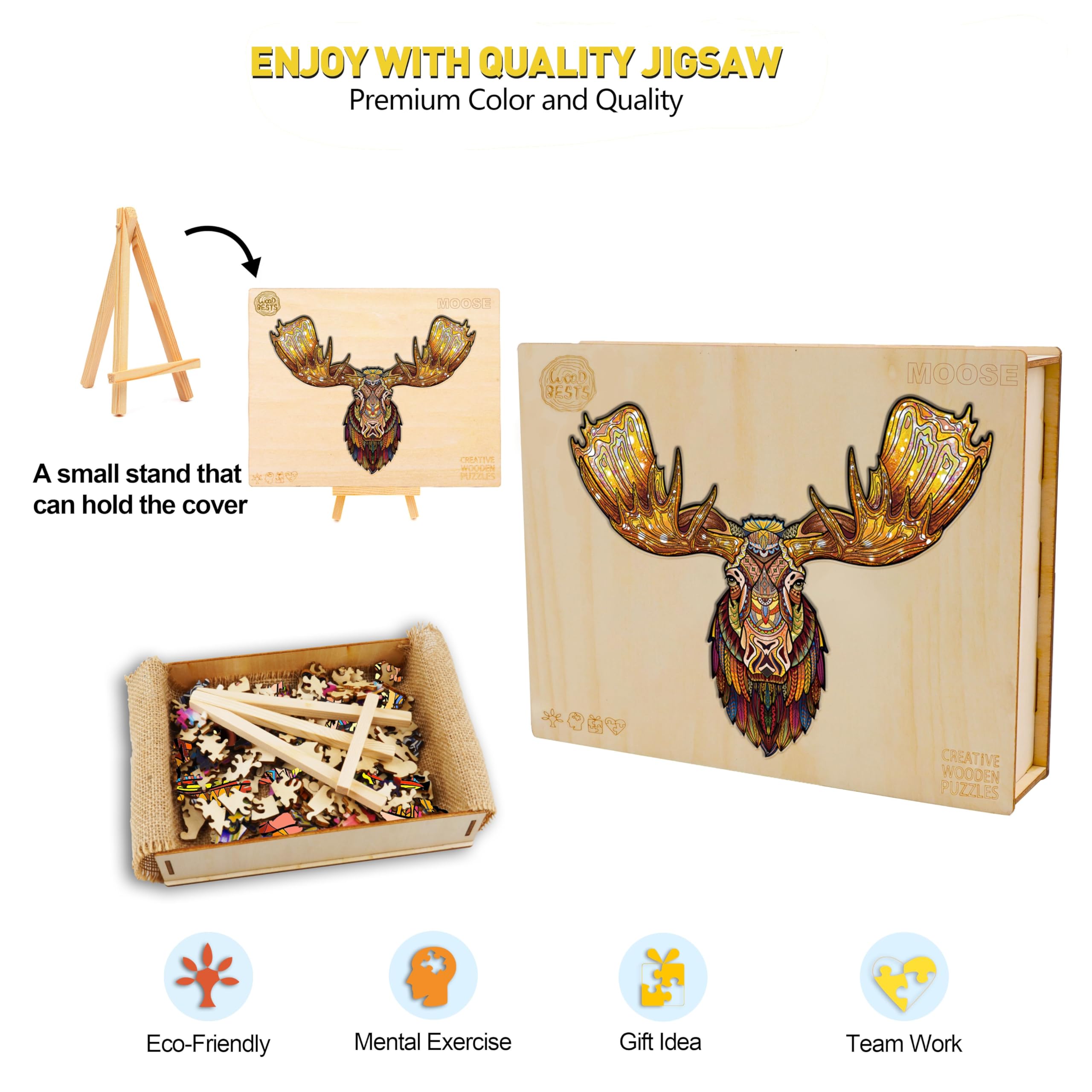 Premium Wooden Jigsaw Puzzle for Adults & Kids - 178-Piece Moose Animal Shape Puzzle with Storage Box (13.7x10.5in) - Challenging Brain Teaser for Family Game Night & Stress Relief