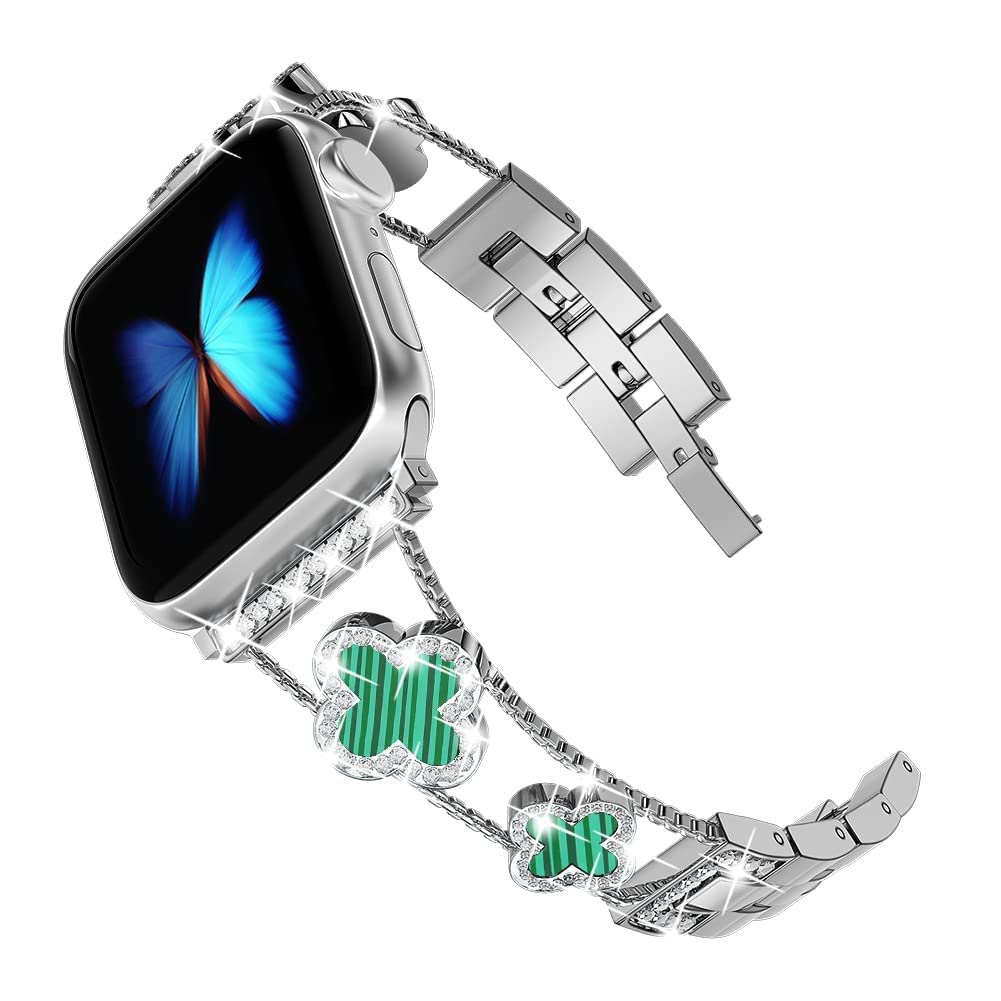 Premium Diamond Metal Bands for Apple Watch Series 10/9/8/7/6/5/4/3/2/1SE/Ultra - Sparkling Clover Design, Stylish & Durable, Compatible with 38mm-49mm - Perfect for Women's Fashion, Daily Wear & Special Occasions