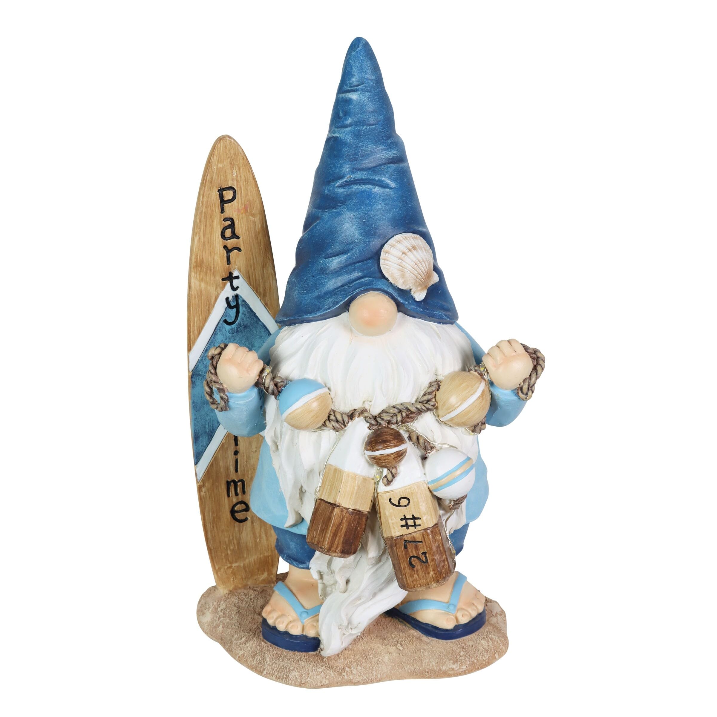 Exhart Solar-Powered Garden Gnome with LED Lights - Surfboard Sign, Outdoor Lawn & Yard Decoration (7 x 6 x 12.5 Inch) - Perfect for Beach-Themed Parties, Backyard Decor & Nighttime Illumination
