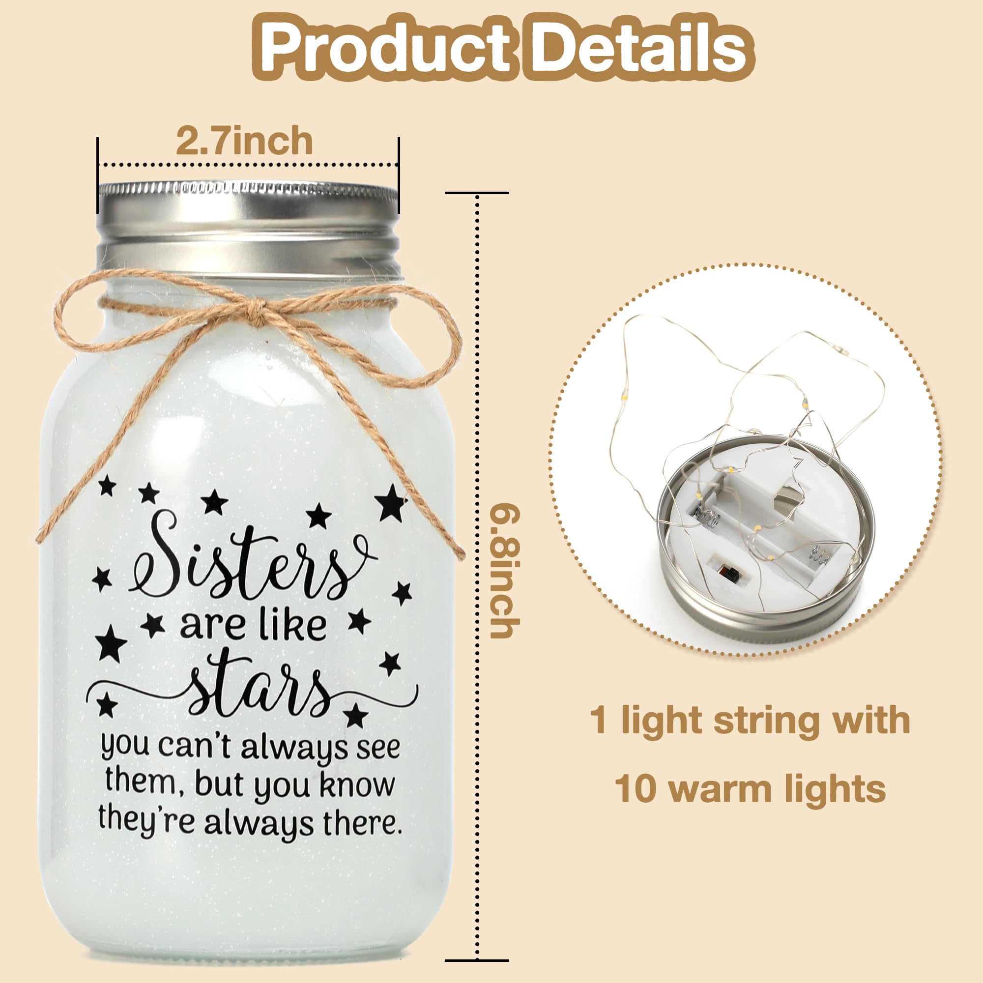 Mason Jar Night Light - Warm LED Decorative Light for Sister, Best Friend, BFF - Perfect Birthday Gift, Room Decor, Bedside Lamp for Bedroom, Nursery, Dorm