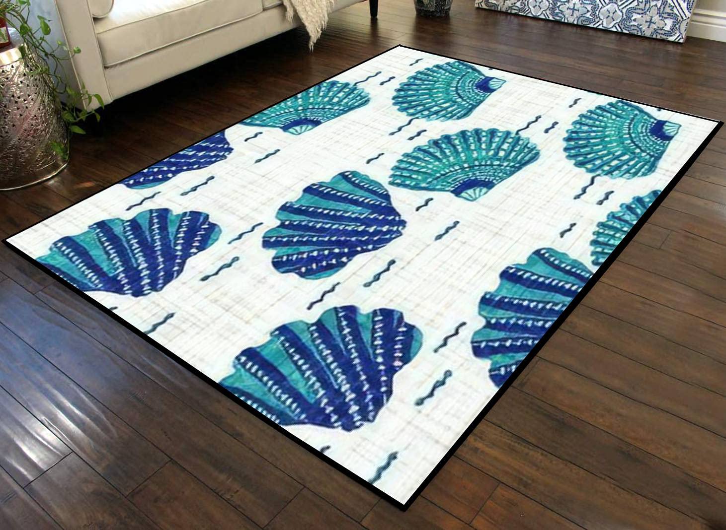 Large Non-Slip Area Rug - Aegean Teal Shell Linen Runner with Nautical Texture | Summer Coastal Decor for Indoor/Outdoor Use | Perfect as Play Mat, Nursery Rug, Patio Carpet or Movie Mat