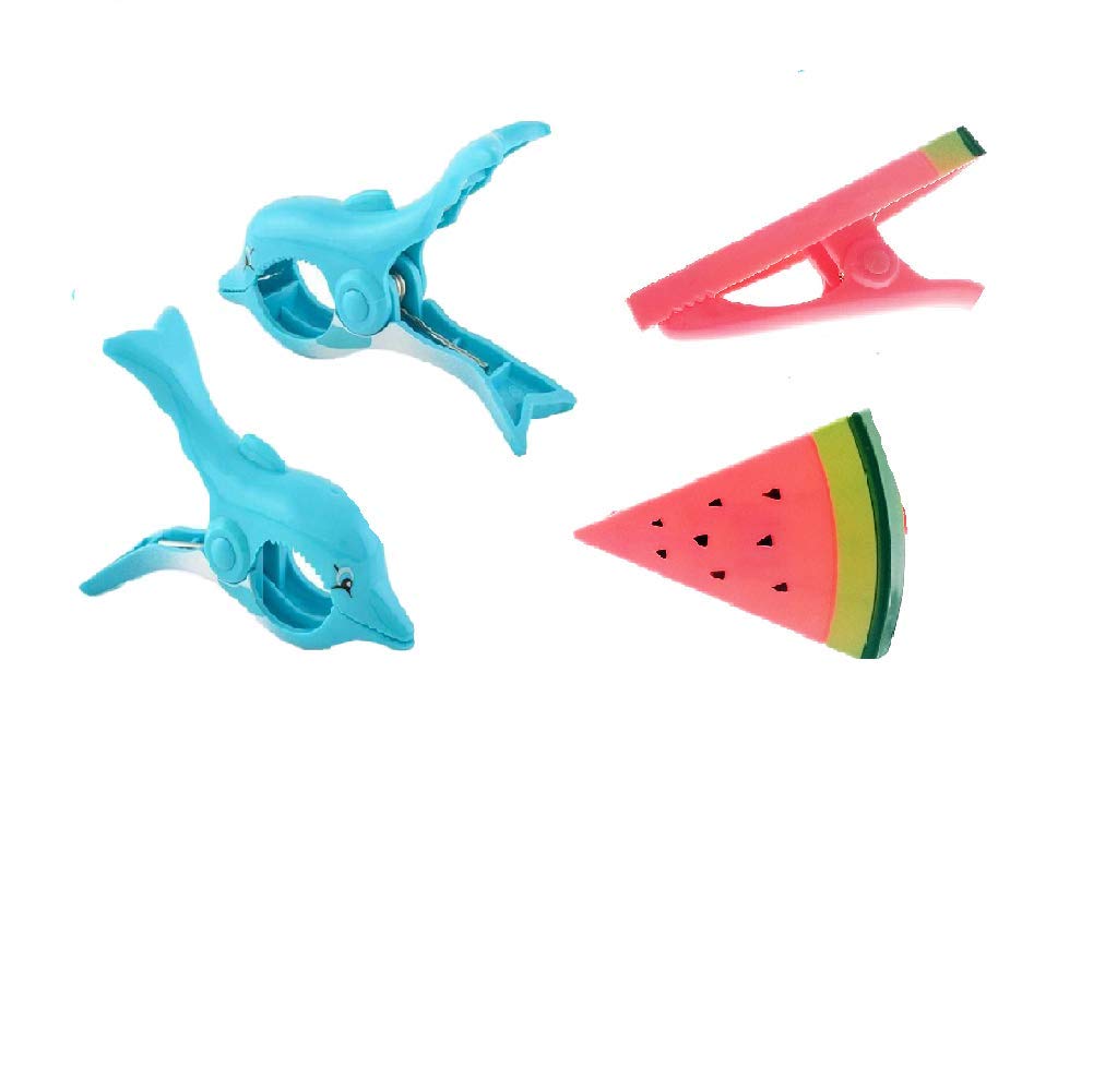 Premium 2-Pack Jumbo Beach Towel Clips Set (Dolphin & Watermelon Design) - Heavy Duty Chair Clips for Pool, Cruise, Patio & Beach - Securely Holds Towels on Chairs, Strollers & Outdoor Furniture - Perfect Vacation Accessories