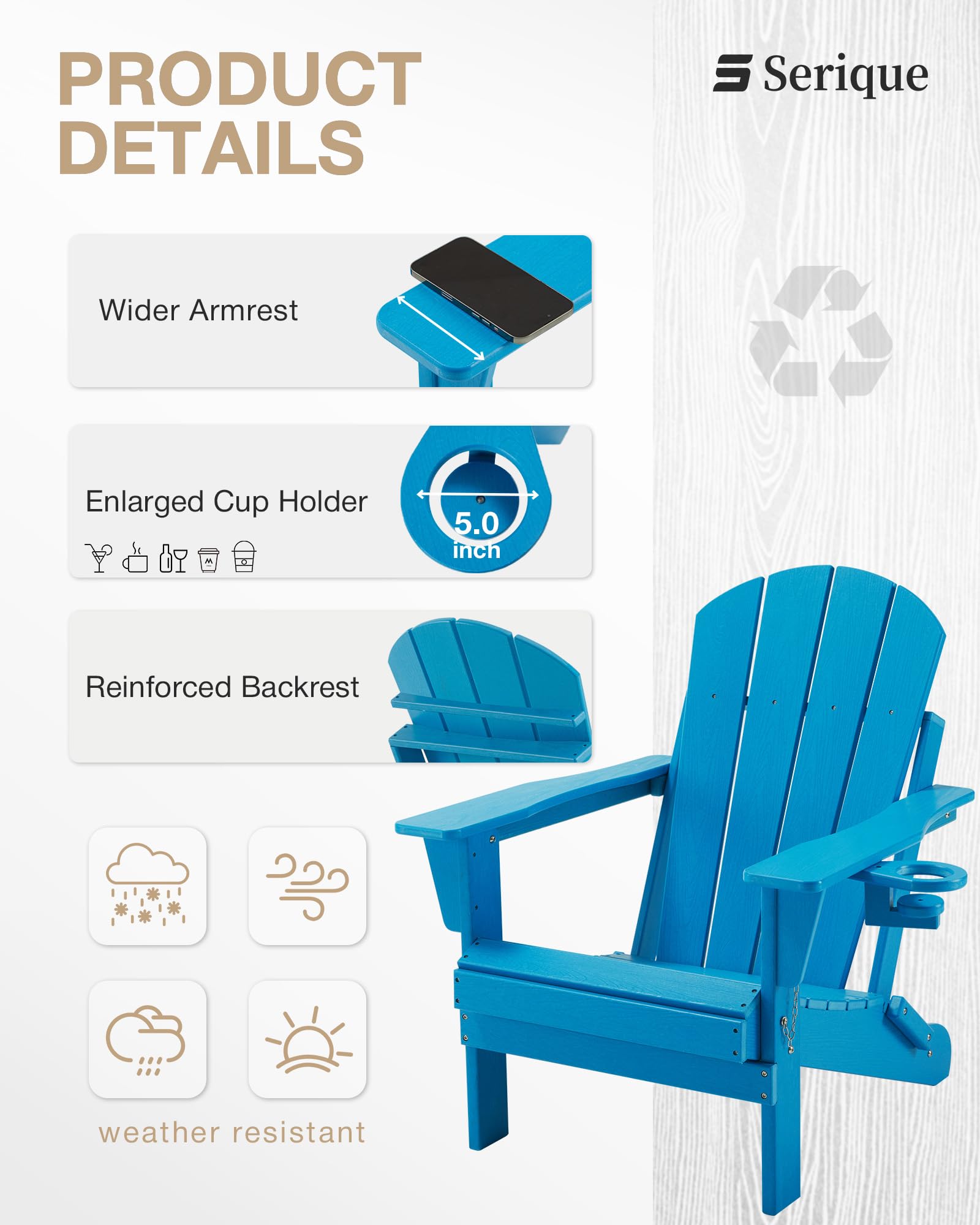 **Weather-Resistant Folding Adirondack Chair with Cup Holder - Wood Texture Patio Chair for Deck, Porch, Backyard & Garden - Perfect for Fire Pit Gatherings & Outdoor Relaxation (Pacific Blue)**