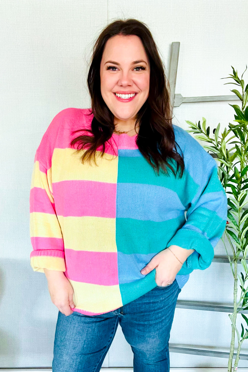 Stylish Blush & Blue Stripe Color Block Knit Sweater for Women | Trendy Casual Pullover | Perfect for Fall Outfits, Date Nights & Cozy Weekends