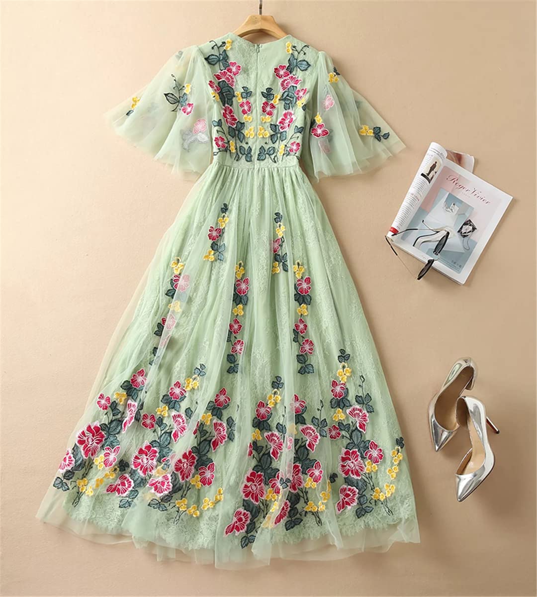 Elegant Green Floral Embroidered Mesh Maxi Dress for Women - Flare Sleeve Party Gown for Evening Events, Weddings & Special Occasions