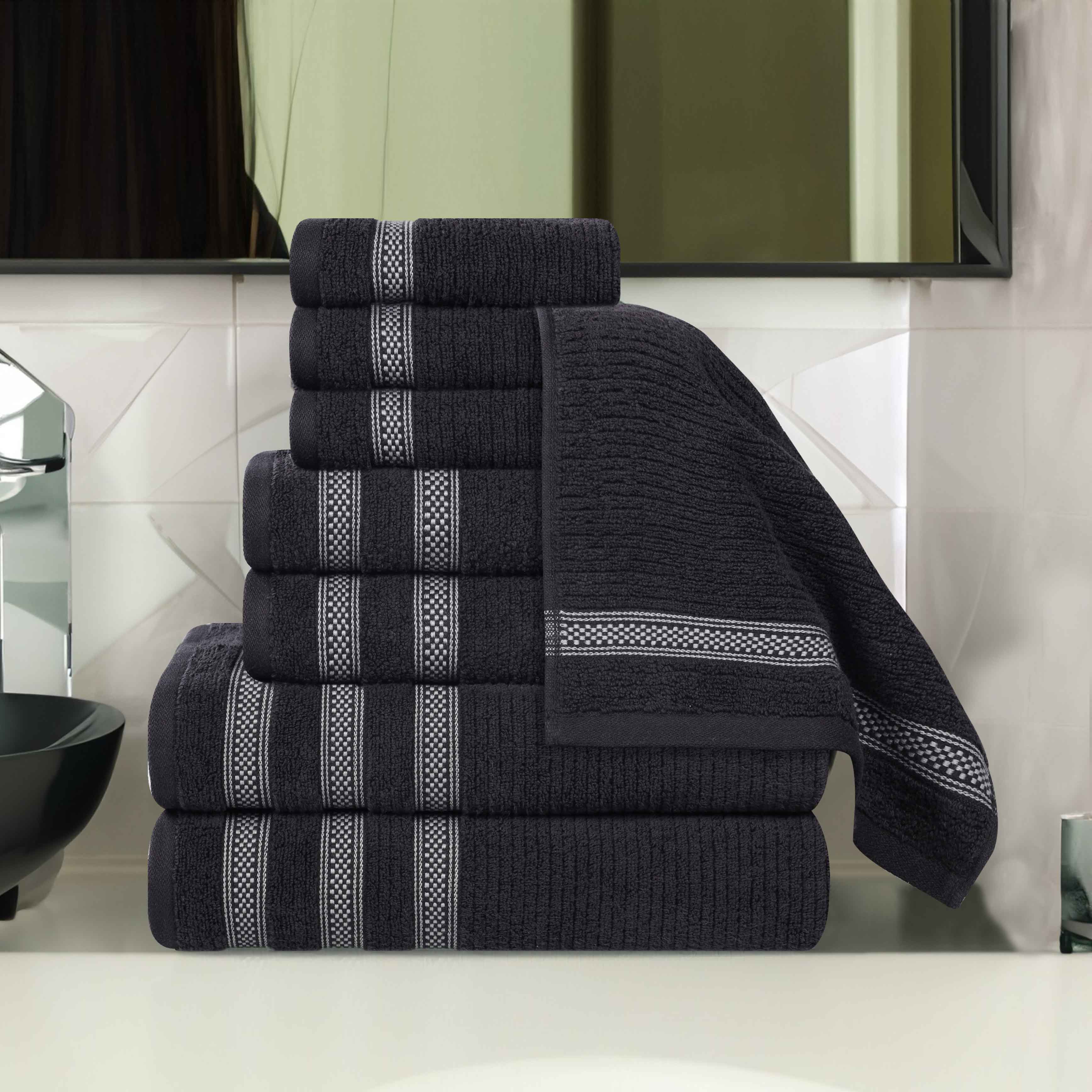 Premium Zero Twist Cotton Ribbed Geometric Border 8-Piece Towel Set | Ultra Soft Bath & Beach Towels for Spa, Pool & Home Decor