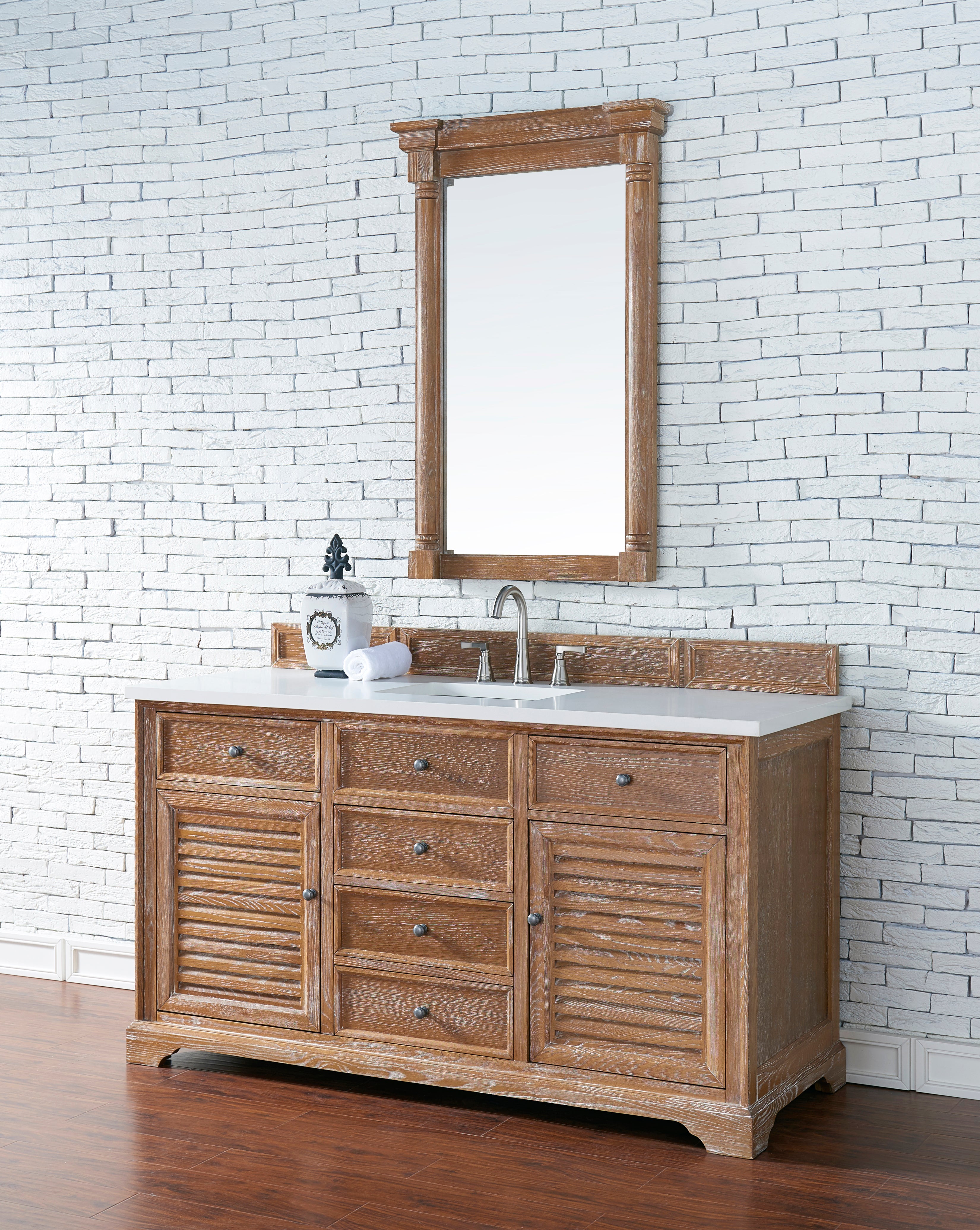 Savannah 60 Inch Single Vanity Cabinet with 3CM White Zeus Quartz Top - Driftwood Finish Bathroom Vanity for Modern Homes, Perfect for Master Bath or Guest Bathroom Remodel